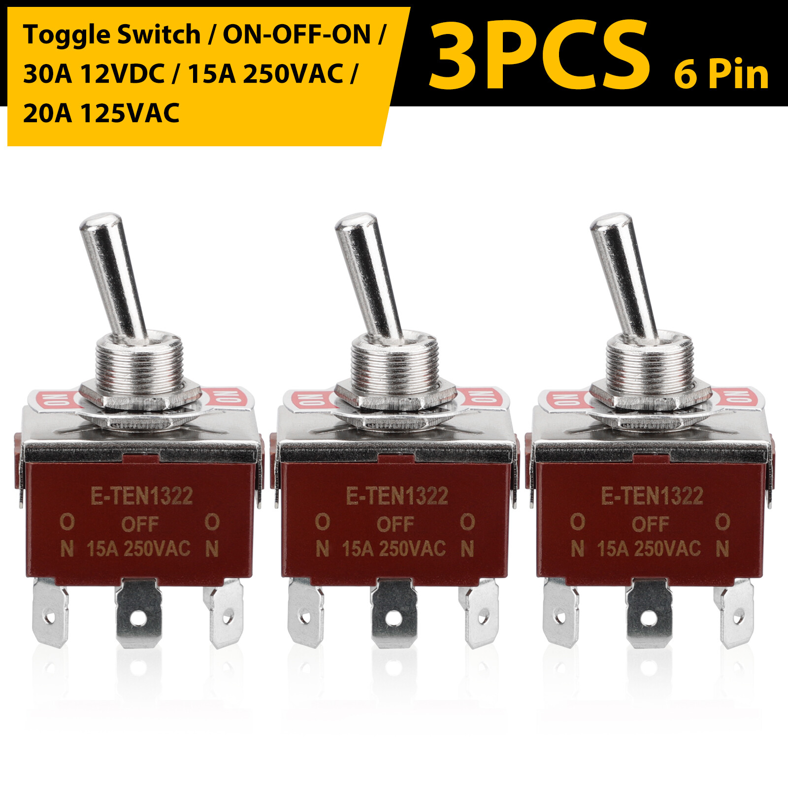 3pcs Heavy Duty DPDT 6-Pin ON-OFF-ON Toggle Switch 20A 125V/15A 250V Terminals