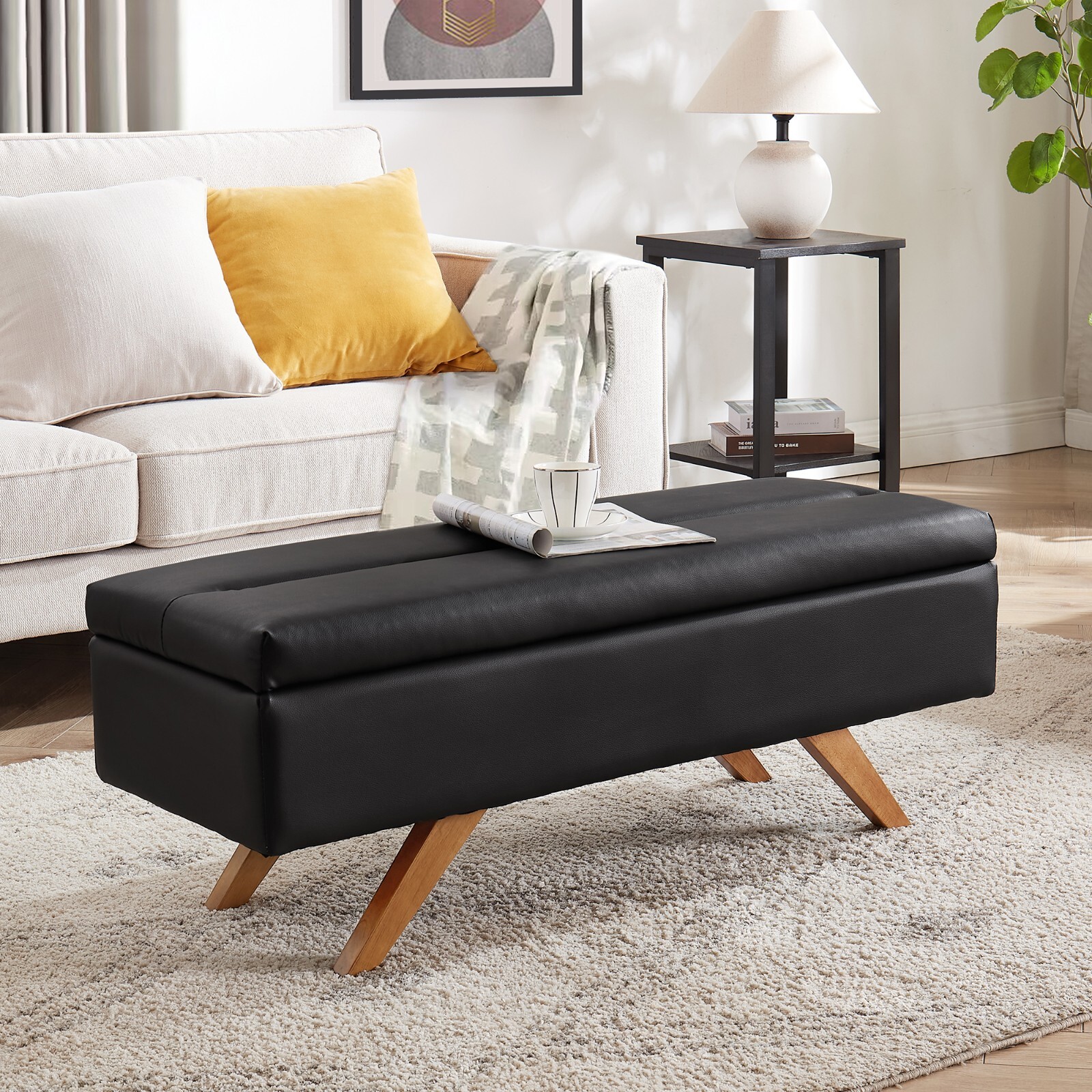 PU Storage Ottoman Bench 44" Shoe Stool 6.1" Deep Storage Space Bedroom Entryway