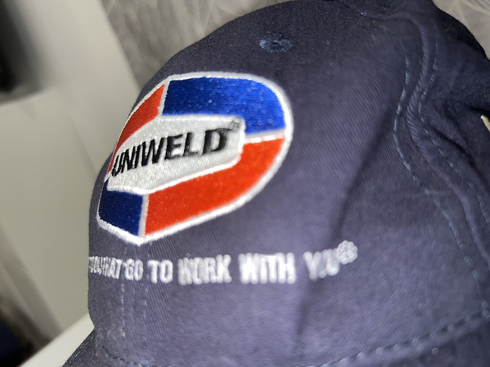 Uniweld logo patch on Navy blue hat cap Quality tools Hook Loop EUC