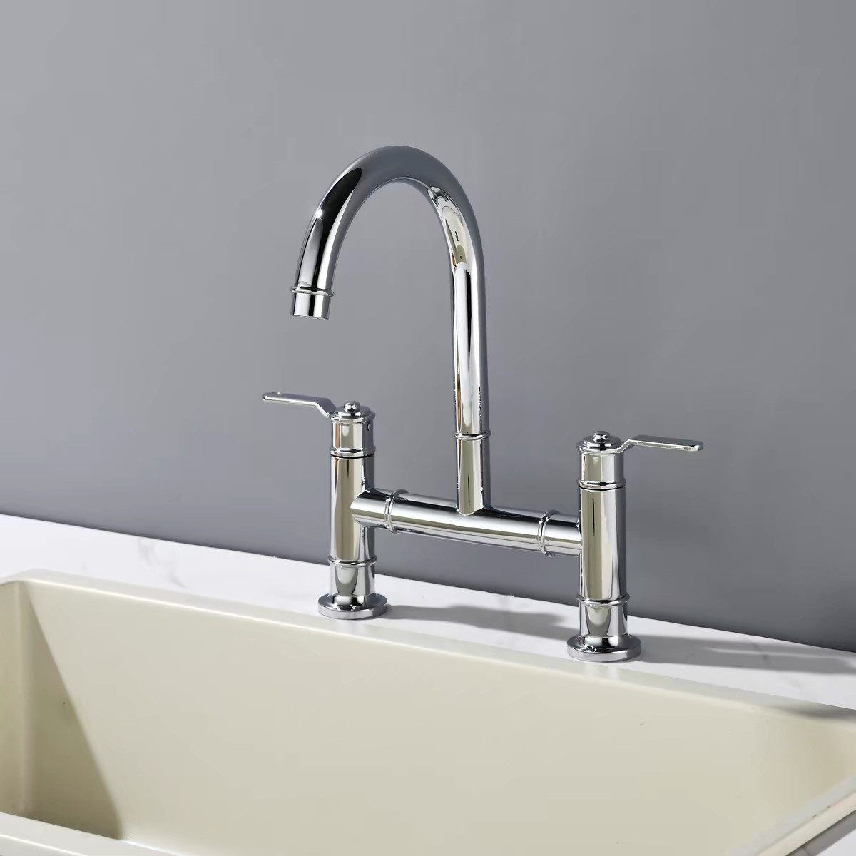 Brass Chrome Kitchen Faucet Double Handles Sink Mixer Tap Two Holes Deck Mounted