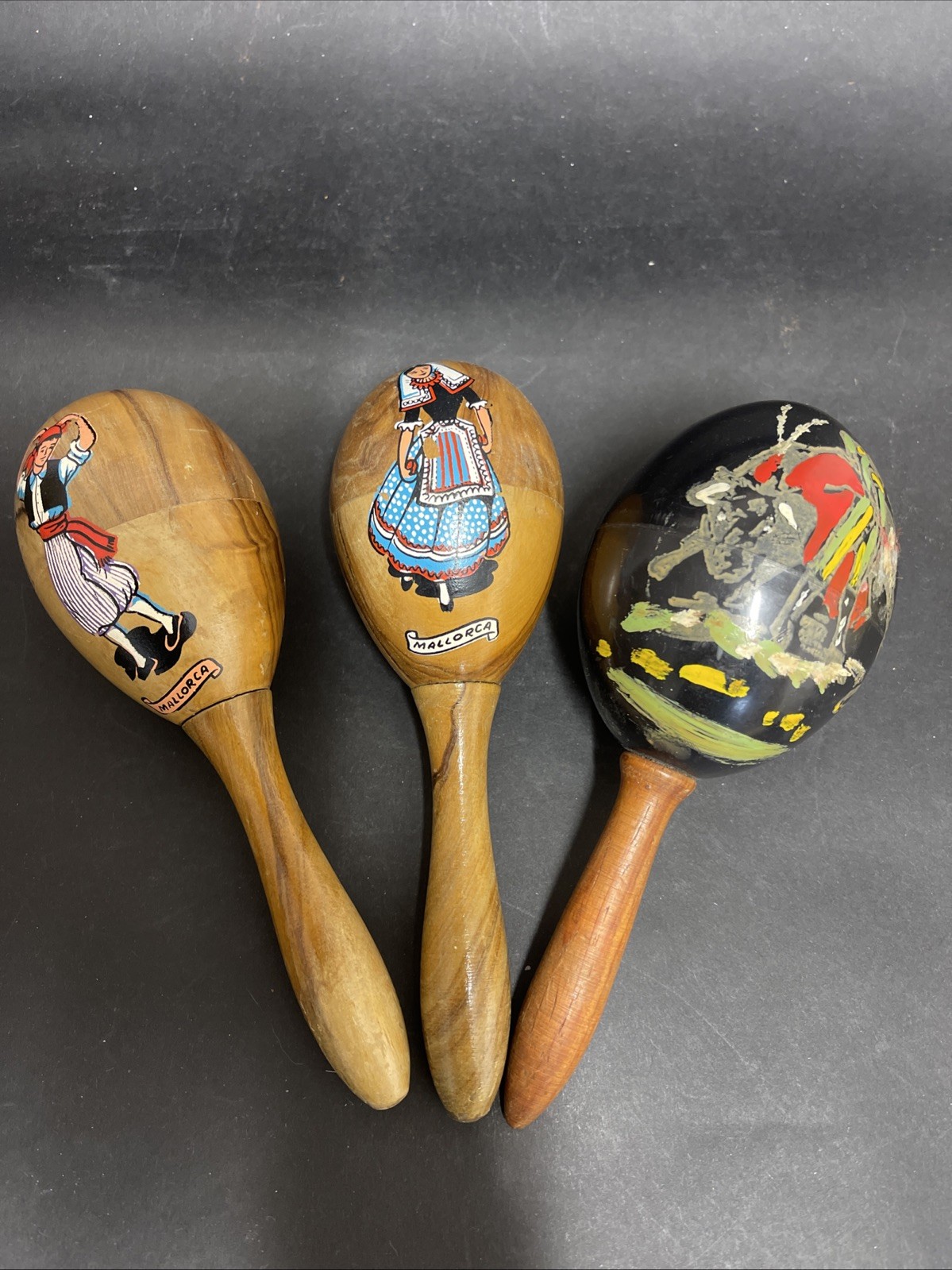 3 X  Vintage Spanish Maracas - Wooden Pair Majorcan Dancers & One Bullfighter