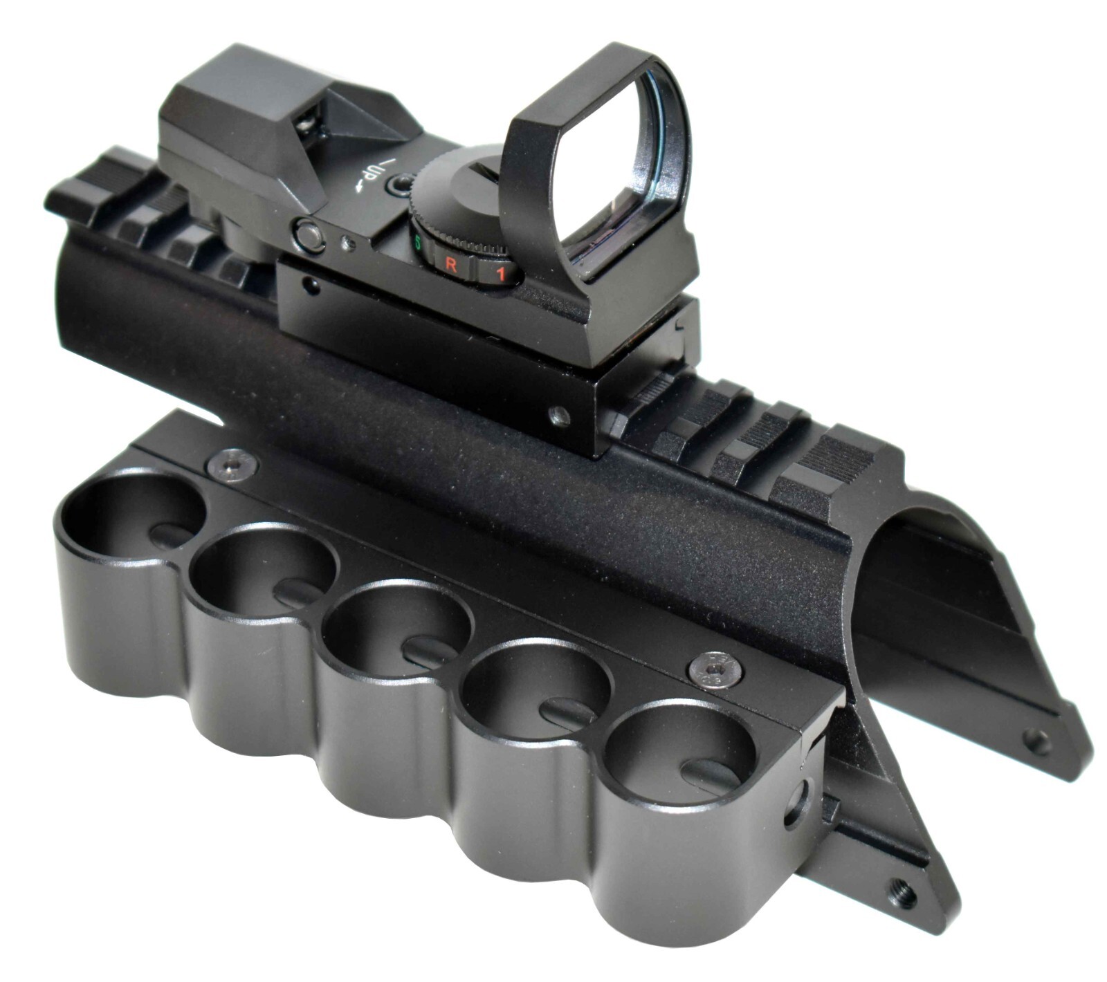 Reflex sight shell holder saddle mount combo for Mossberg maverick 88 12 gauge.