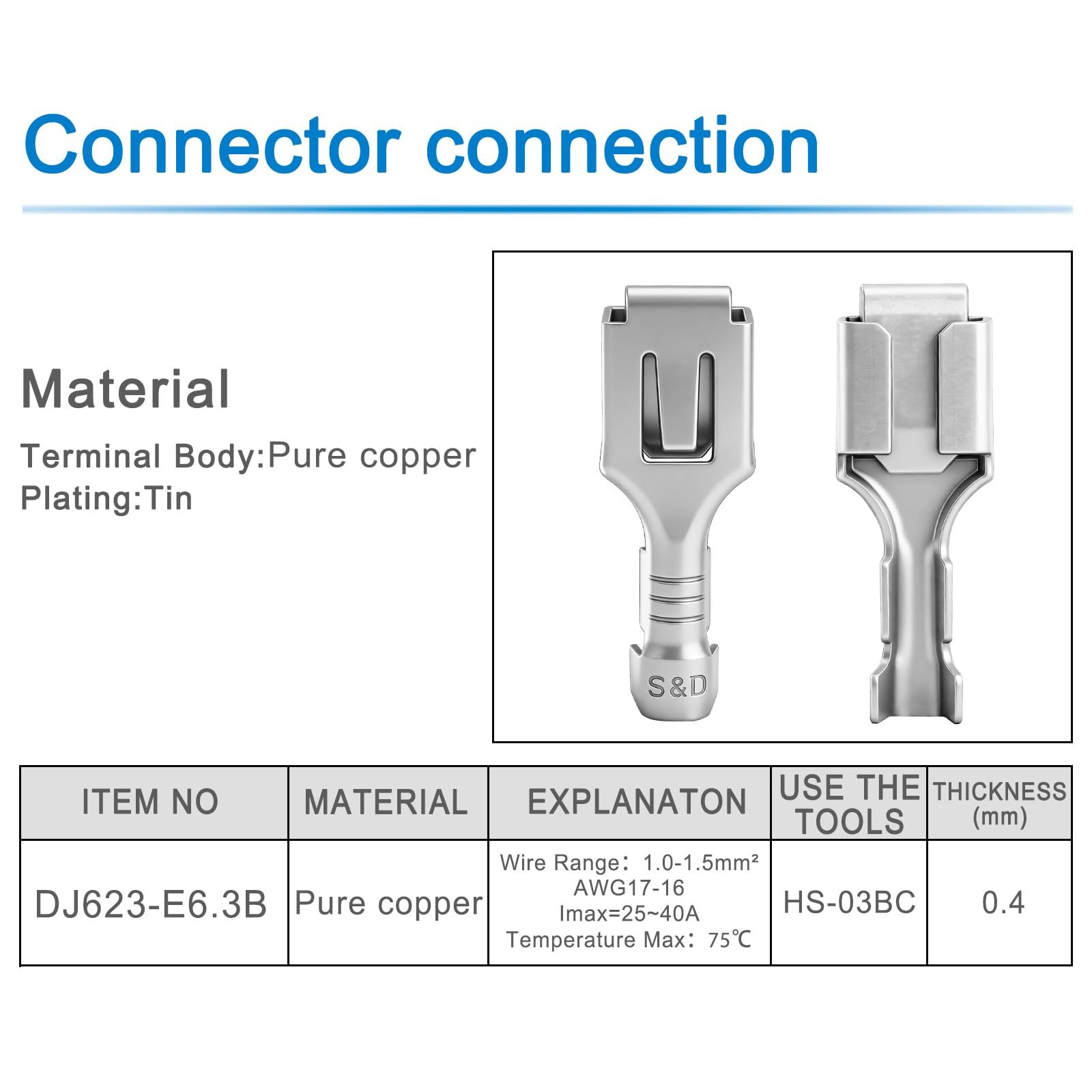 Heschen female spade quick splice crimp terminals 6.3mm Silver