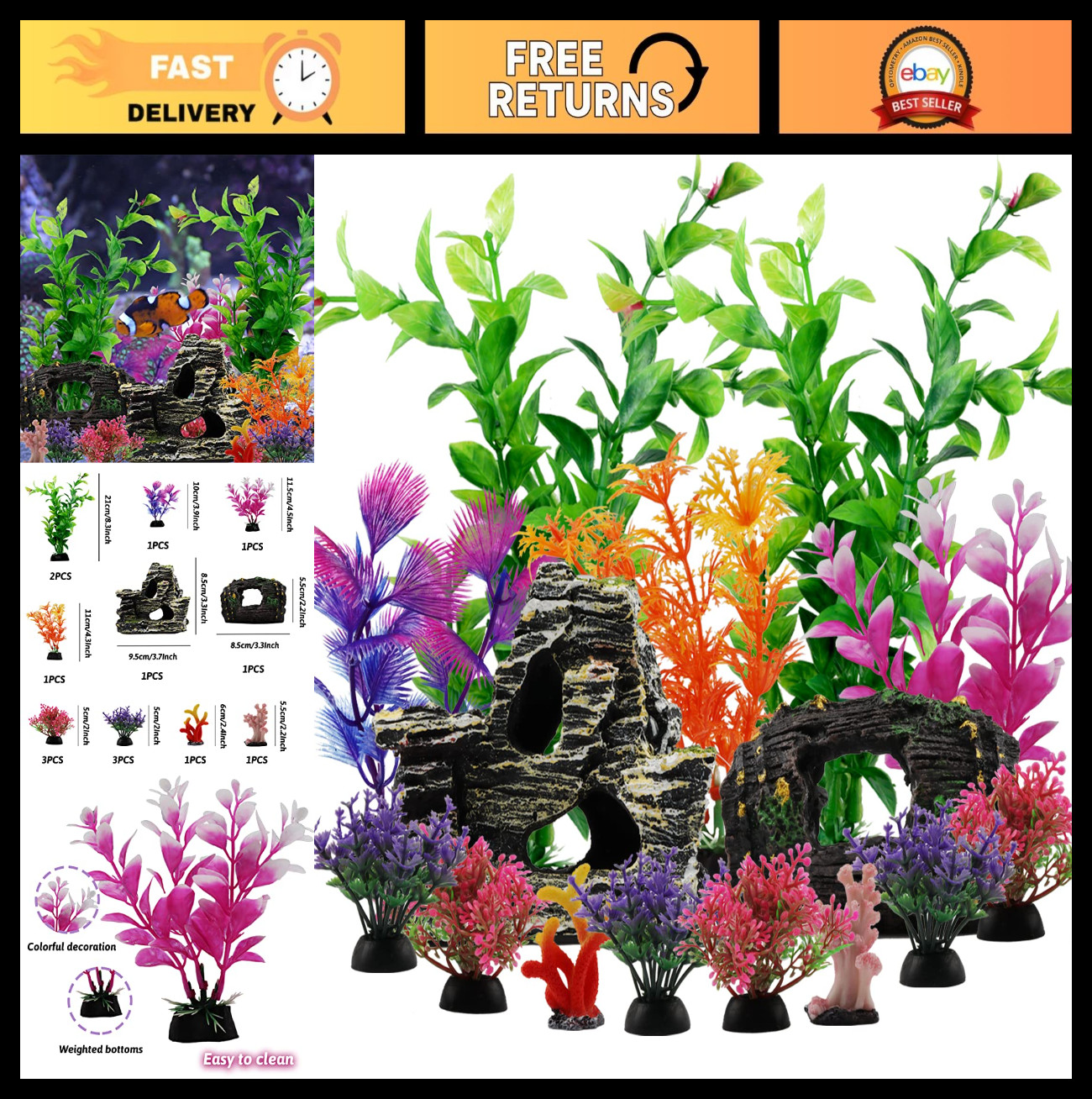Aquarium Decorations - 15pcs Plastic Plants, Resin Broken Barrel & Cave Rock Orn