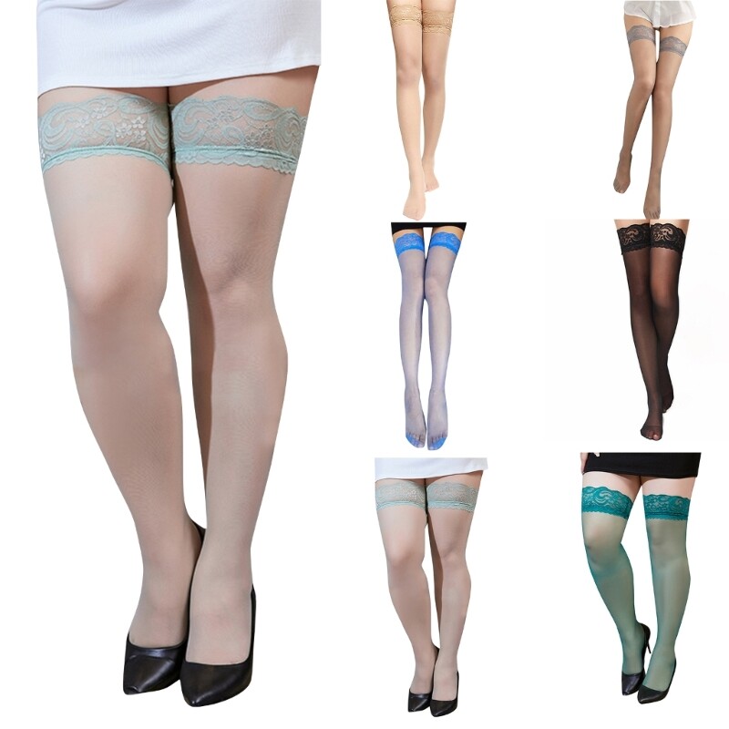 Women Silky Thigh High Stockings with Lace Top Sheer Colorful Over Knee Socks