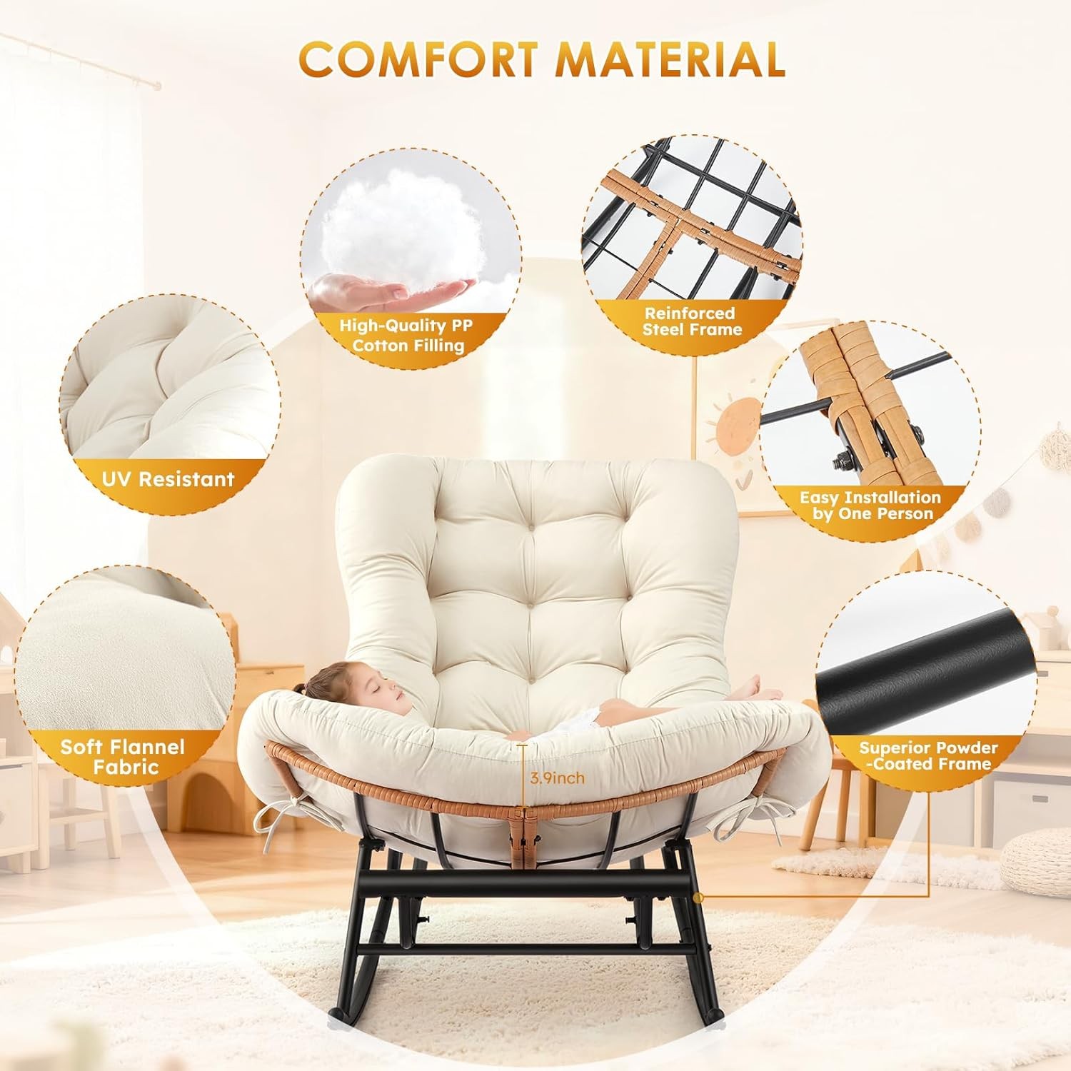 Rattan Rocking Chair with Extendable Footrest & Flannel Cushion for Living Room