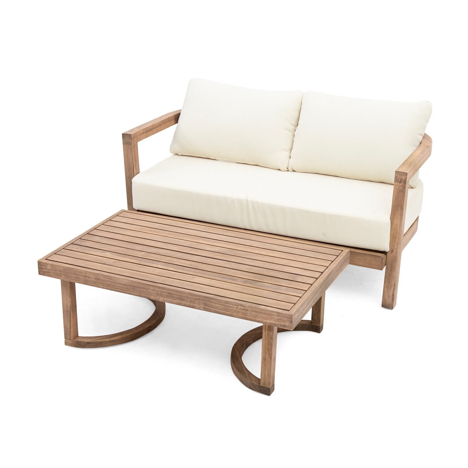 Outdoor Acacia Wood Loveseat and Coffee Table with Cushions