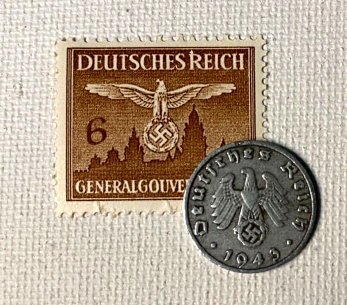 German WWII Rare 1 Rp Zinc Coin (1940-1945) & 6 Pf Stamp MNH Historical Set