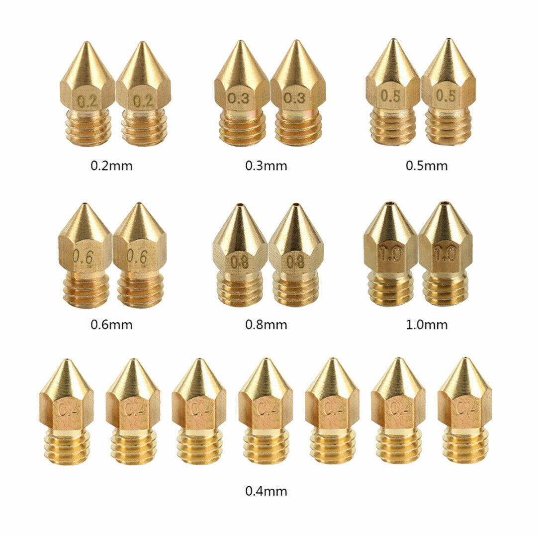 19Pcs MK8 Extruder Nozzle 0.2~1.0mm For Makerbot CR-10 Ender 3D Printer M6 Set