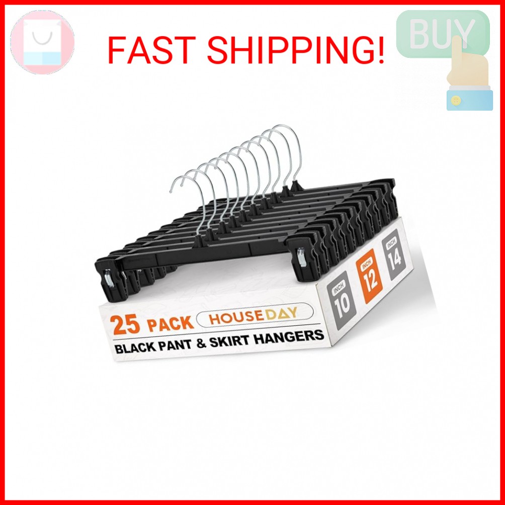 HOUSE DAY Black Pants Hangers, 25 Pack Skirt Hangers with Non-Slip Big Clips and
