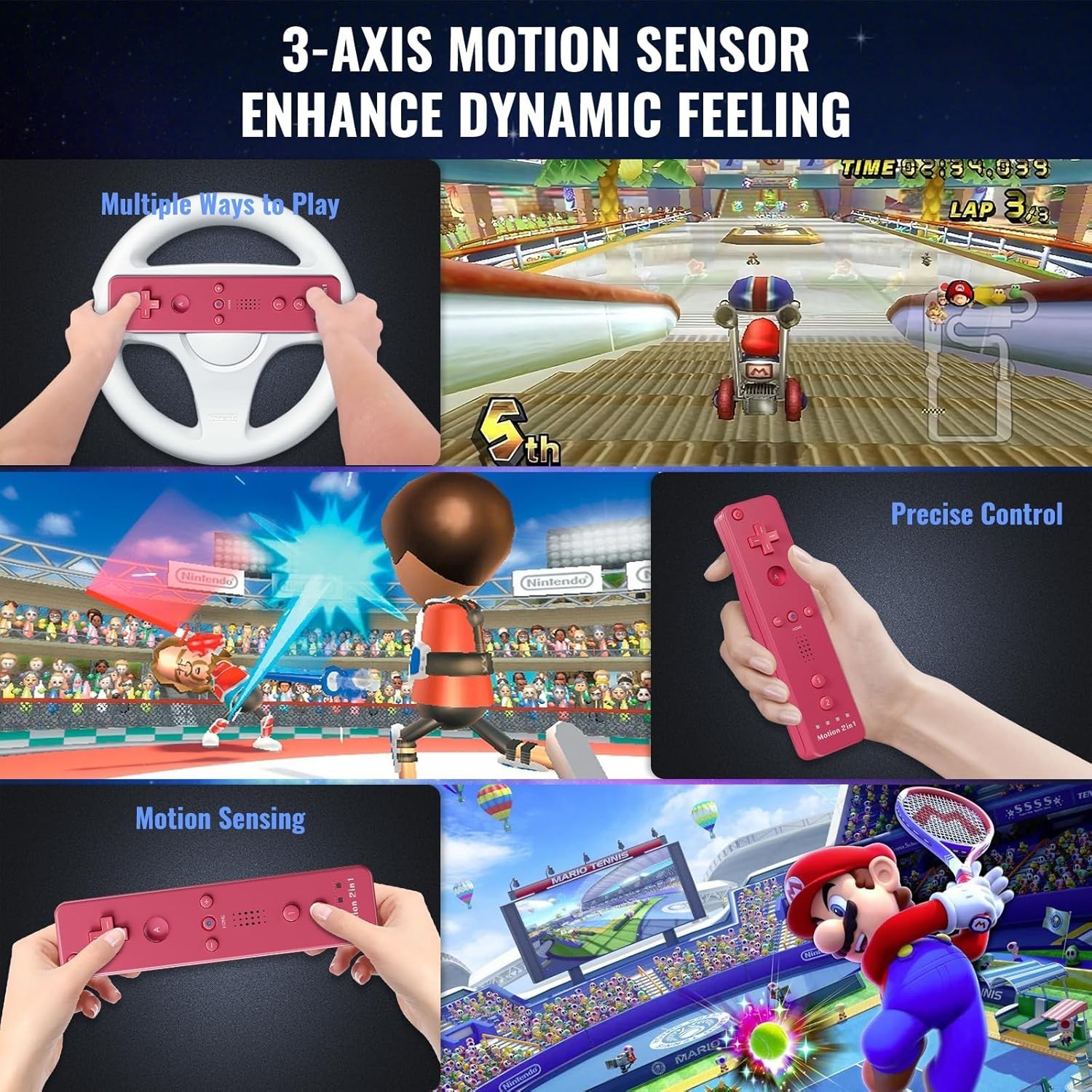Enhanced Motion Plus Wii Controllers - 4 Color Set with Silicone Covers & Straps