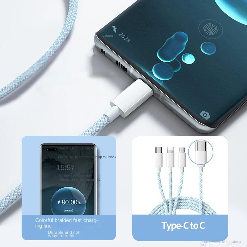 3 in 1 Multi Fast Charging Cable 100W USB Type C Micro Braided Cord For iPhone