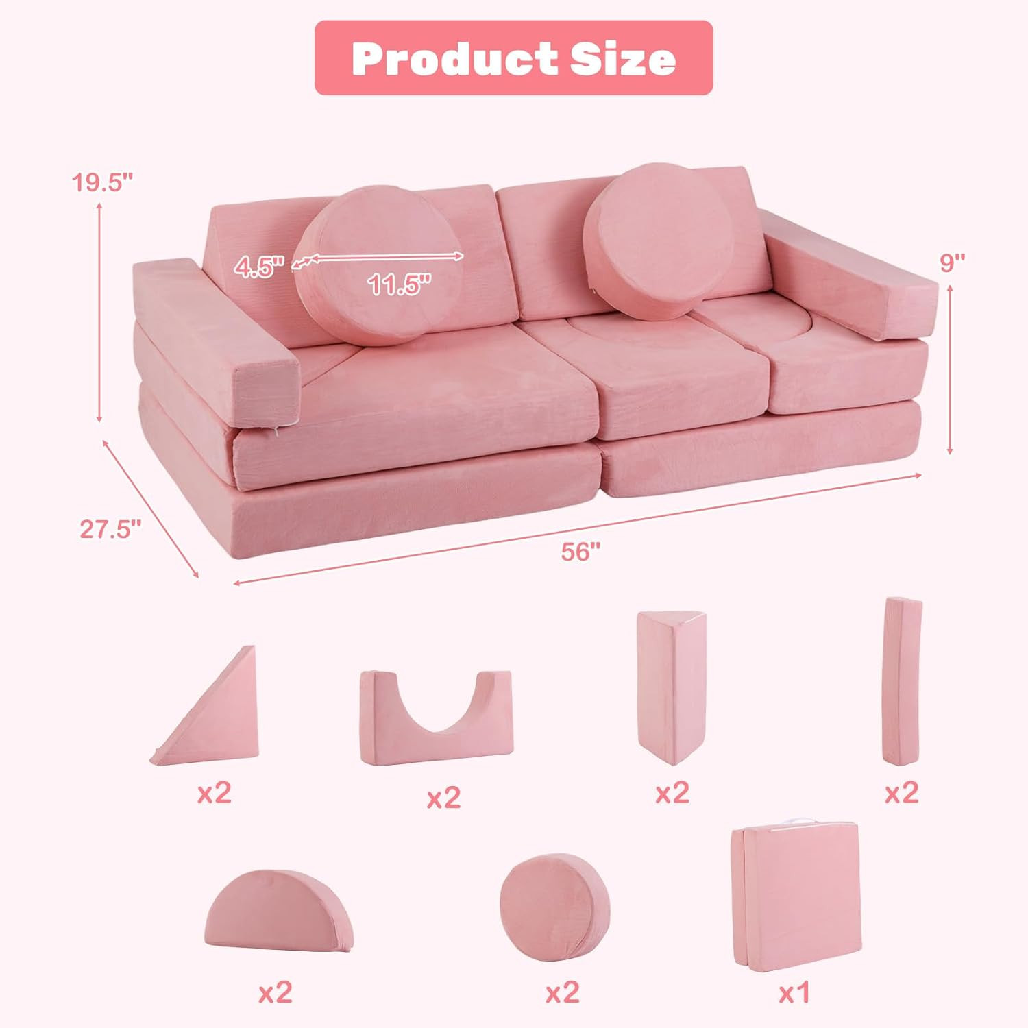 Modular Kids Play Couch - 13 PCS Soft Foam Sectional Sofa for Playroom (Pink)
