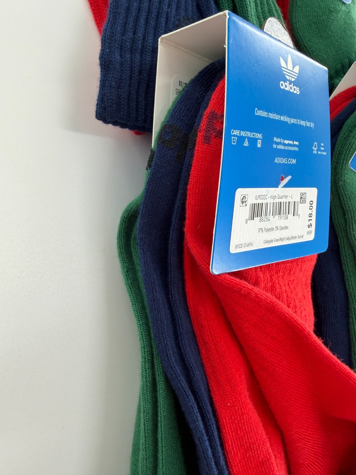 Adidas High Quarter Socks Green Navy Red Size L New 18 Pairs 6 Per Color NWT