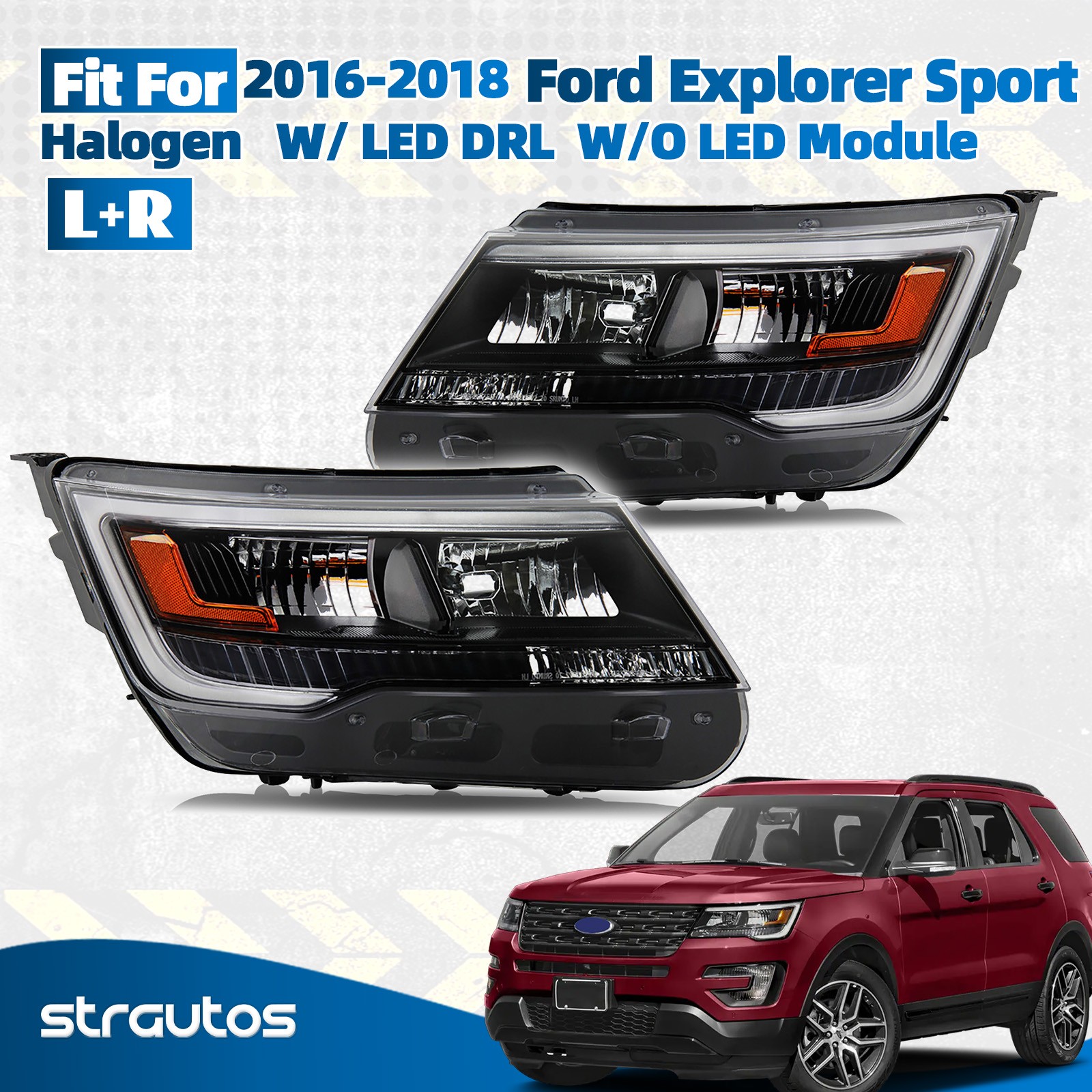 For 2016-2018 Ford Explorer Sport Halogen Headlights w/ LED DRL Black Bezel Pair