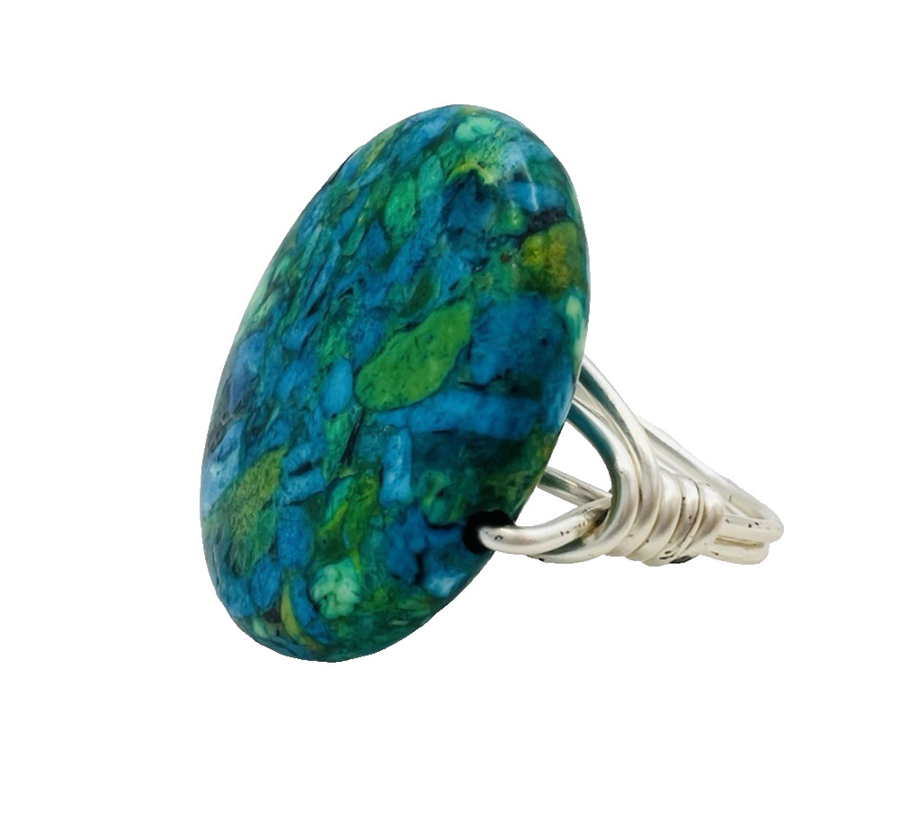 Handcrafted Silver Plated Wire Wrapped Mosaic Composite Stone Ring Size 8