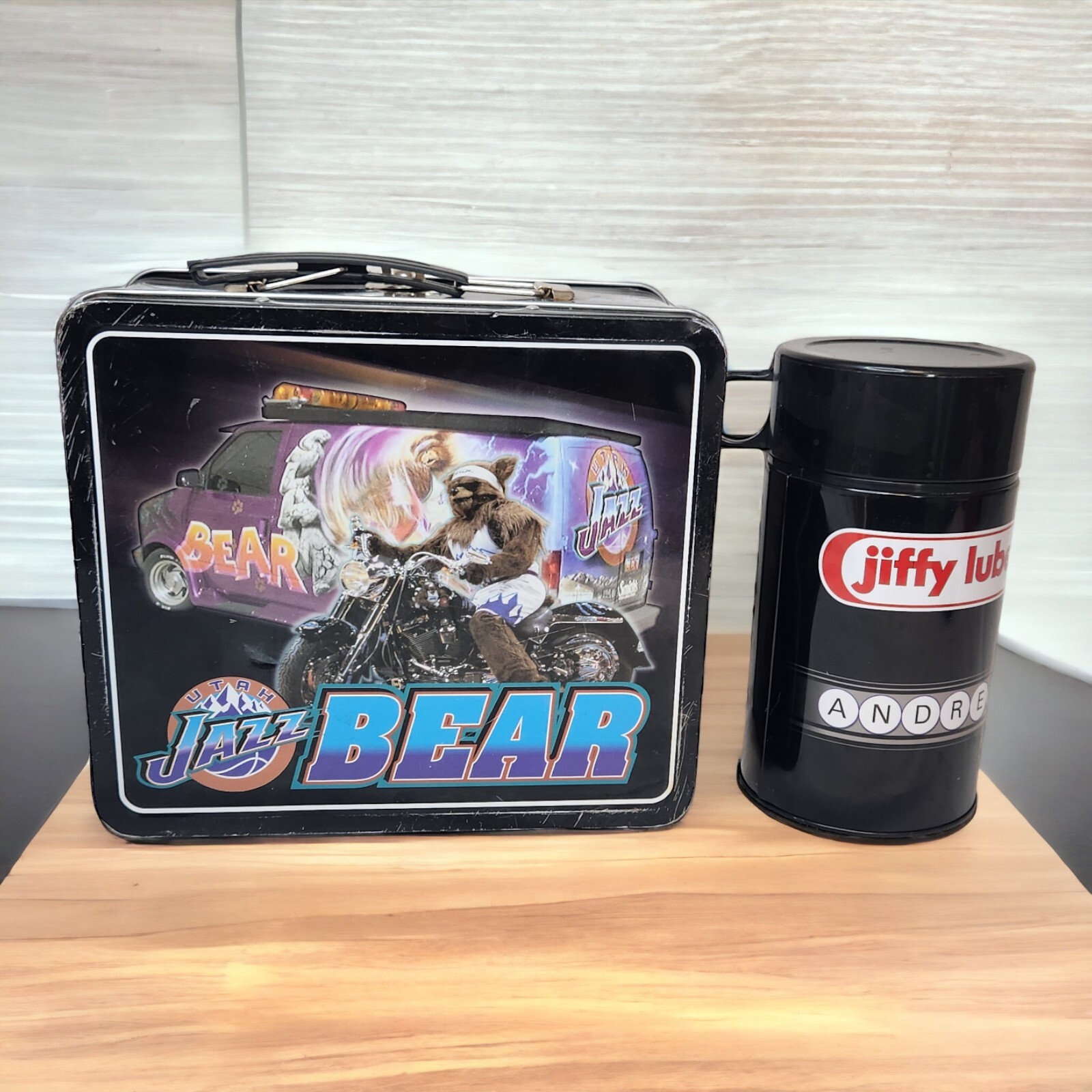 Utah Jazz Lunch Box Metal 8" x 7" X 4" Metal Sports Bear Mascot Thermos Promo
