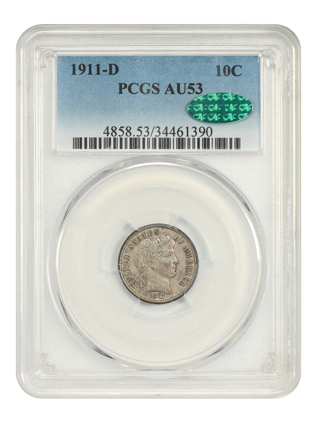 1911-D 10C PCGS/CAC AU53 - Barber Dime