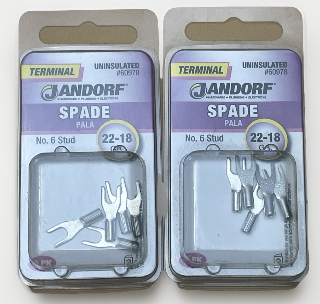 2 Pks Jandorf Terminal SPADE 5 pk SILVER 22-18 Ga. No. 6 Stud Uninsulated 60978