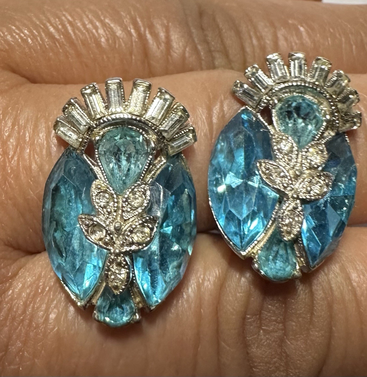 Vintage  ORA Clip Earrings Blue Aquamarine Clear Rhinestones Rare Jewel