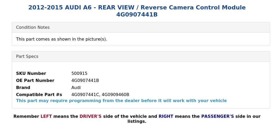 2012-2015 AUDI A6 - REAR VIEW / Reverse Camera Control Module 4G0907441B