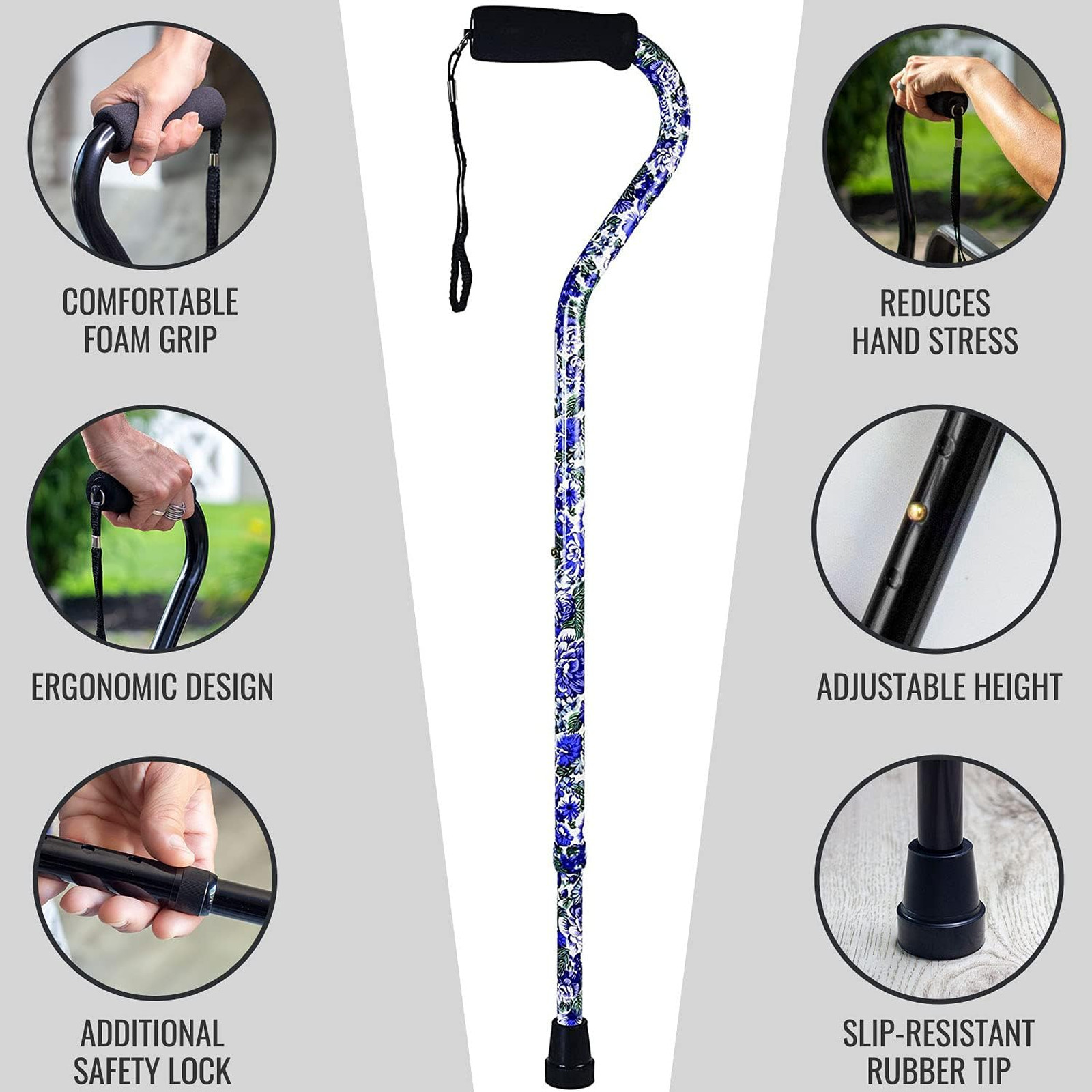 Adjustable Cane with Offset Handle Aluminum Support 250 Pounds Lightweight