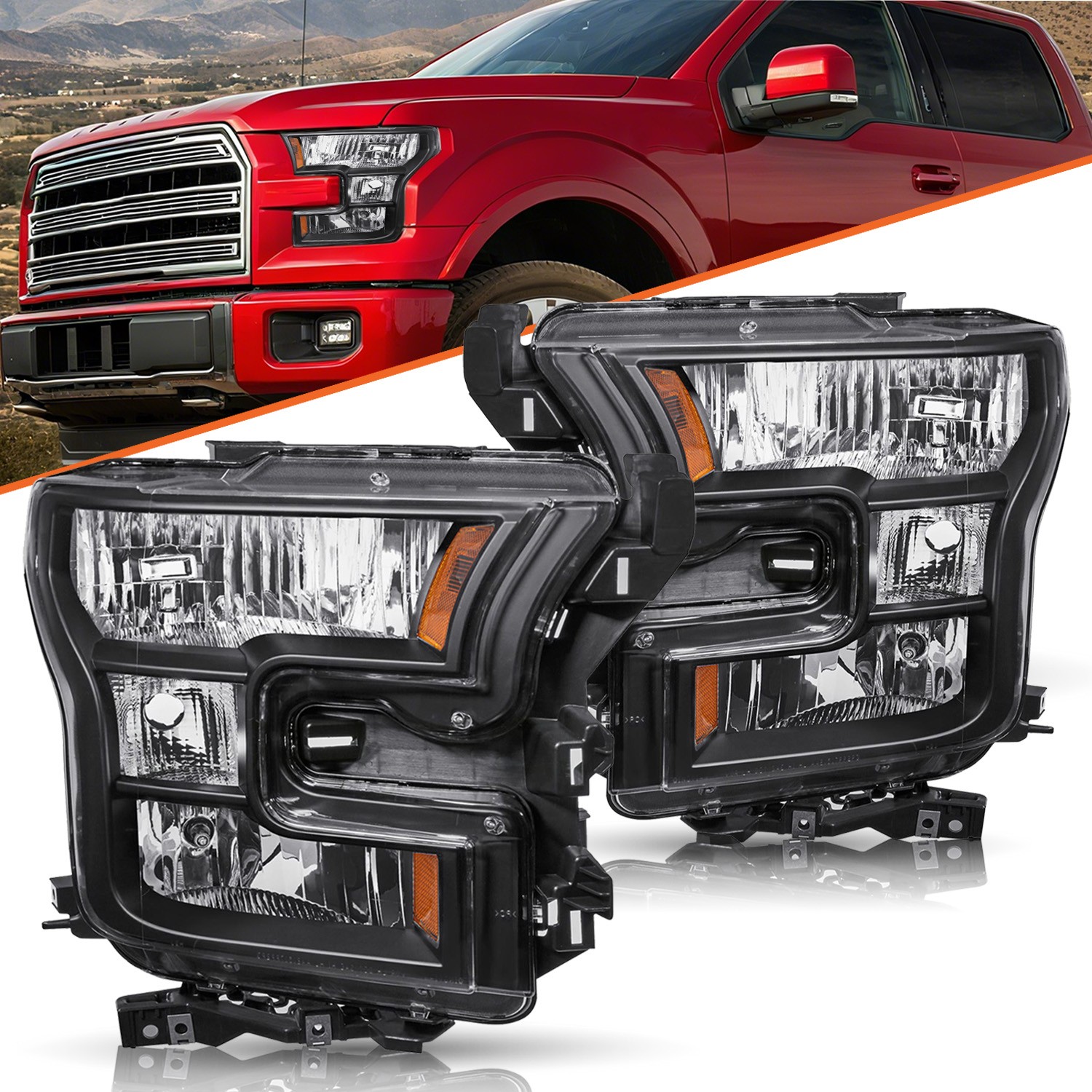 FOR 15-2017 FORD F150 BLACK AMBER CORNER HEADLIGHT REPLACEMENT HEAD LAMPS
