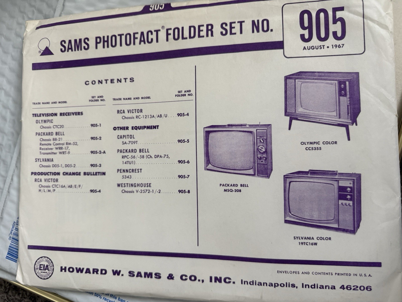 SAMS Photofact Full Folder Set 905 Aug 1967 Vintage TV Schematics RCA Olympic