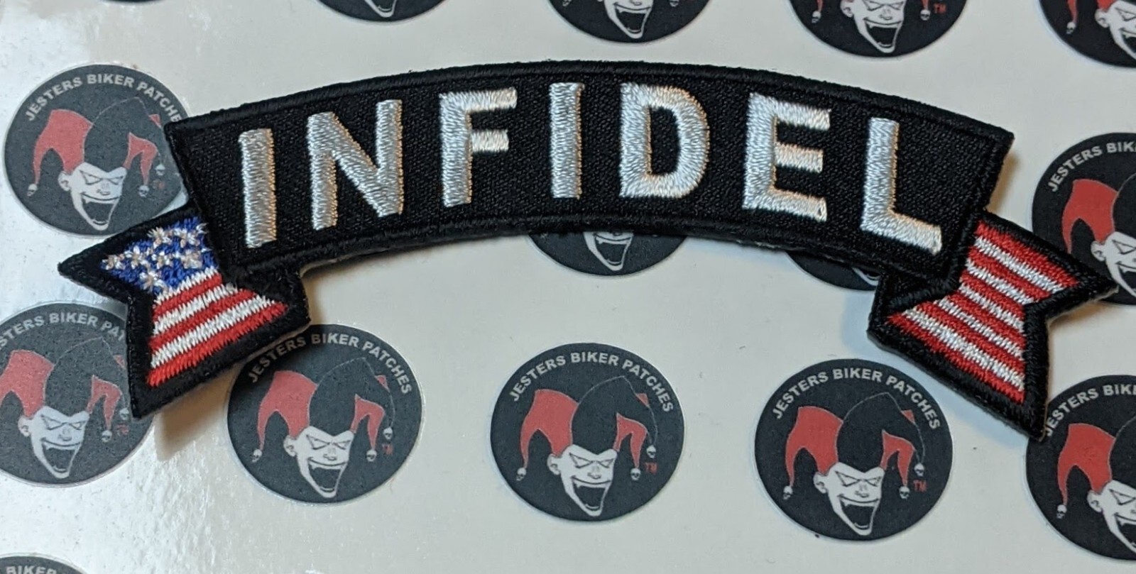 Infidel with Flags Mini Rocker Embroidered Biker Patch
