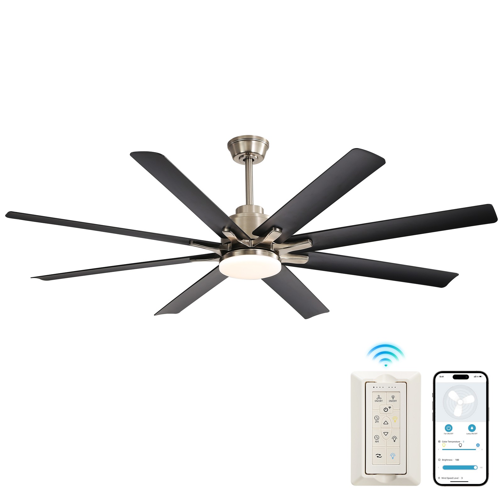 52" Smart Ceiling Fan 6 Wind Speed W/Lights 8 ABS Blades Voice Remote Fan Black