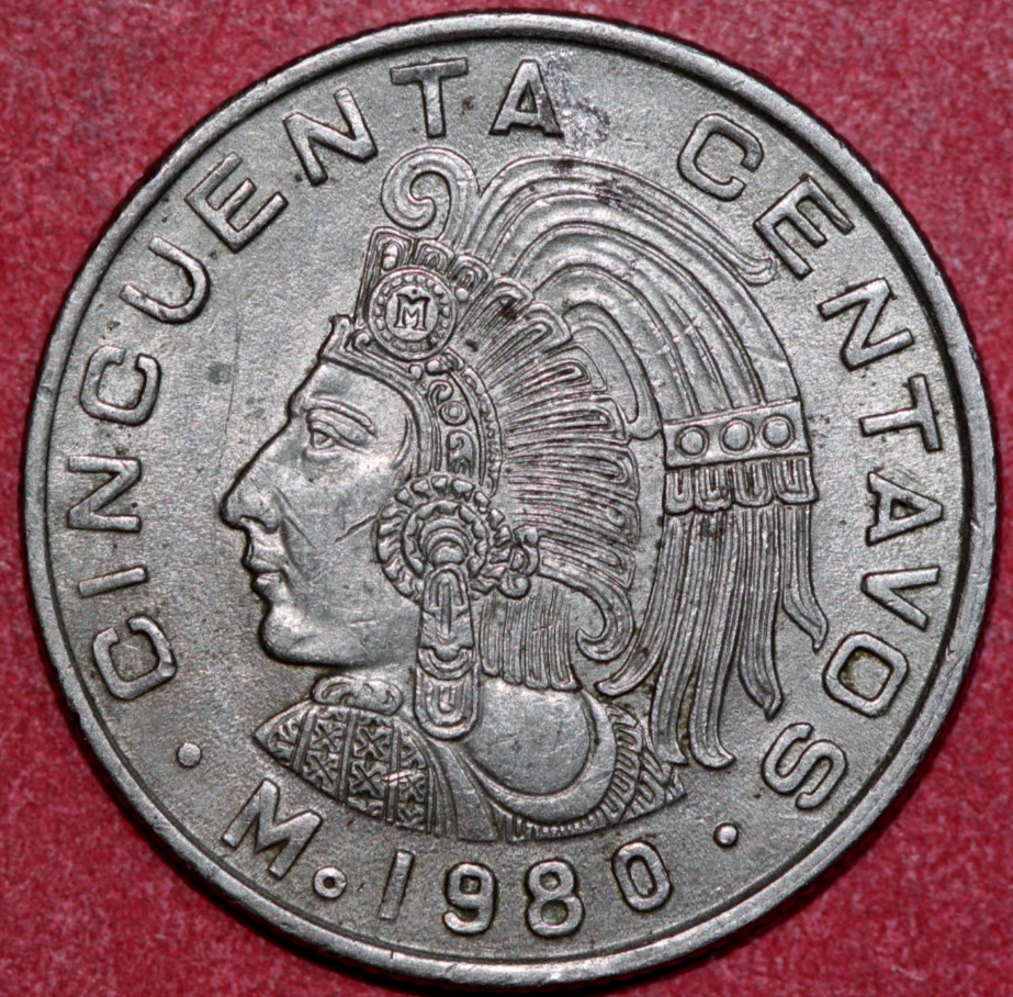 Mexico 1980 50 centavos, Aztec King Cuauhtemoc of Tenochtitlan-Foreign Coin 25mm