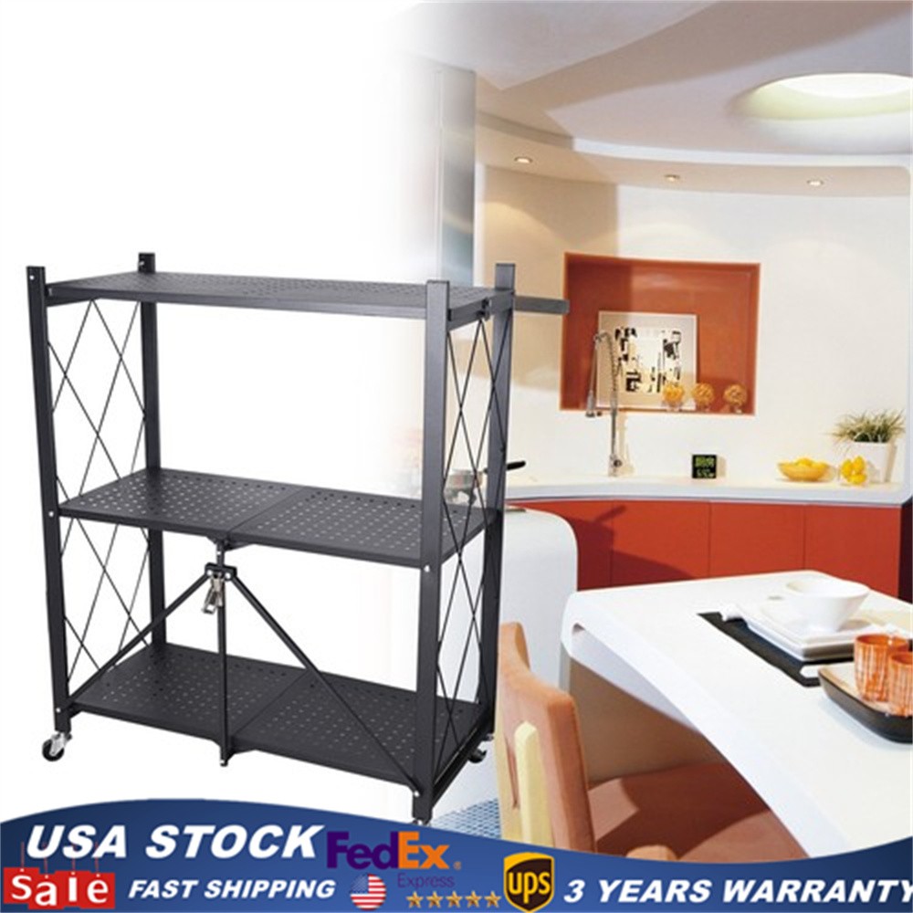 Storage 3 Tier Wide Folding Metal Shelf ,Rolling Trolley Utility Cart Black.