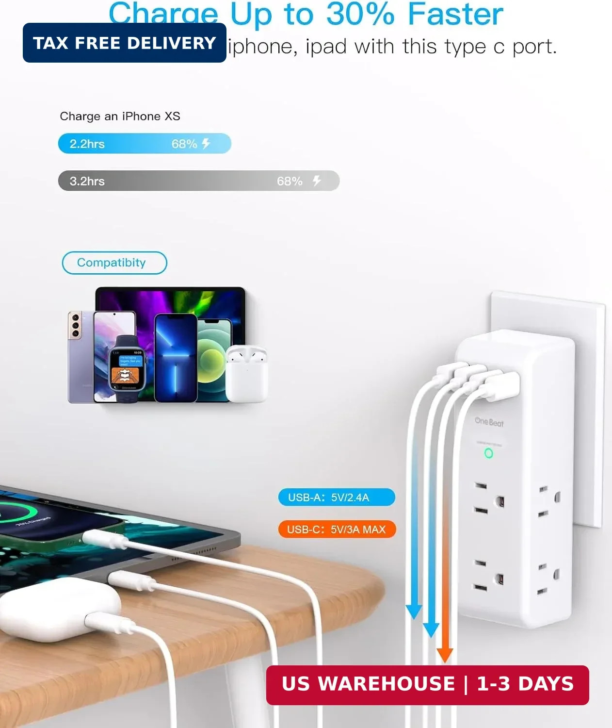 Surge Protector Outlet Extender with Rotating Plug, Multi Plug Wall Outlet | 6 A
