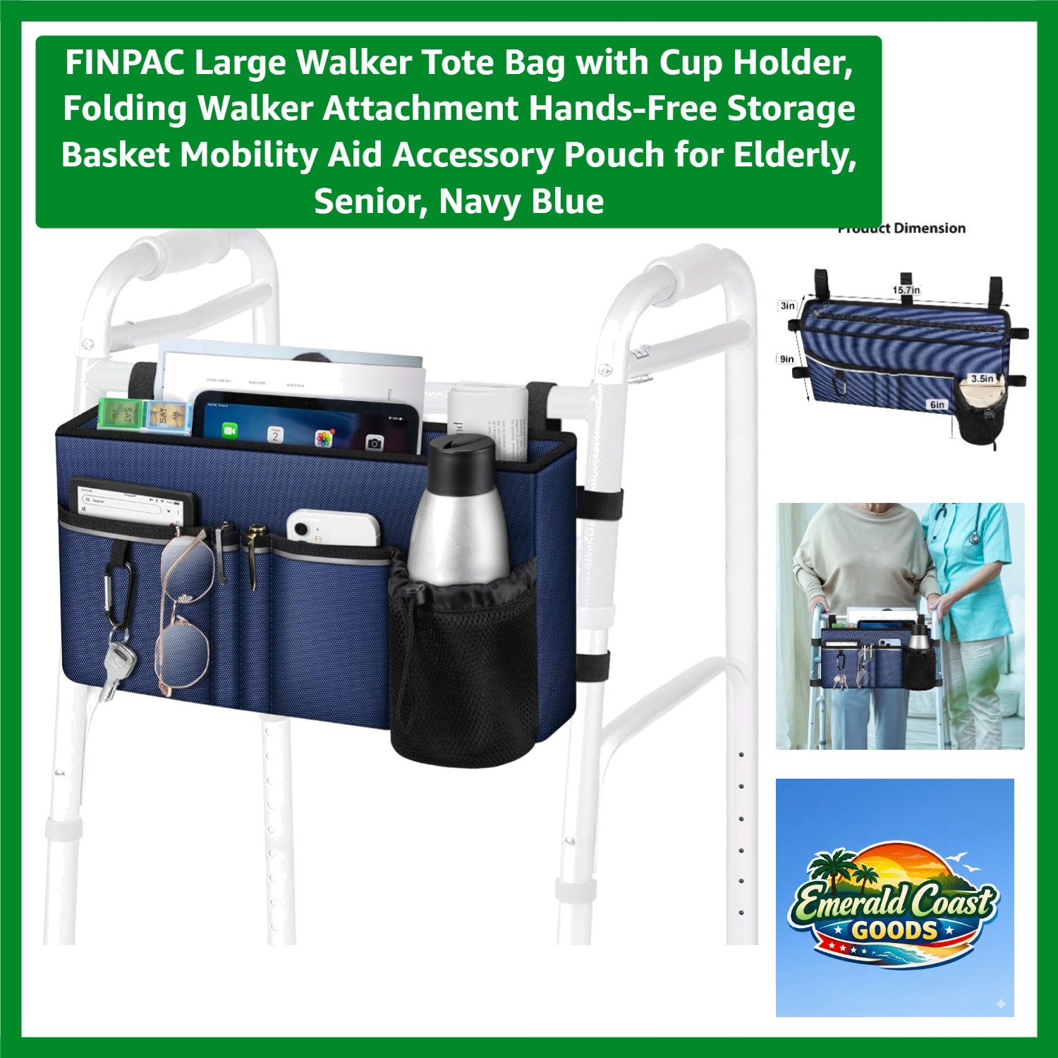 Large Walker Tote Bag with Cup Holder, Folding Walker Attachment Hands-Free S...
