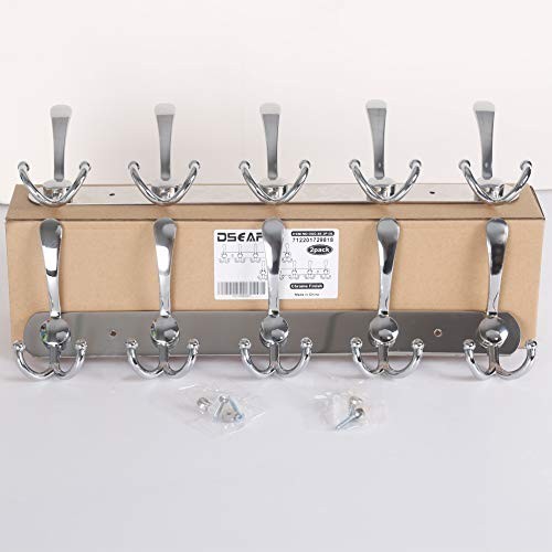 Wall Mounted Coat Rack - 5 Tri Hooks, Heavy Duty, 2 Pack Chrome Finish
