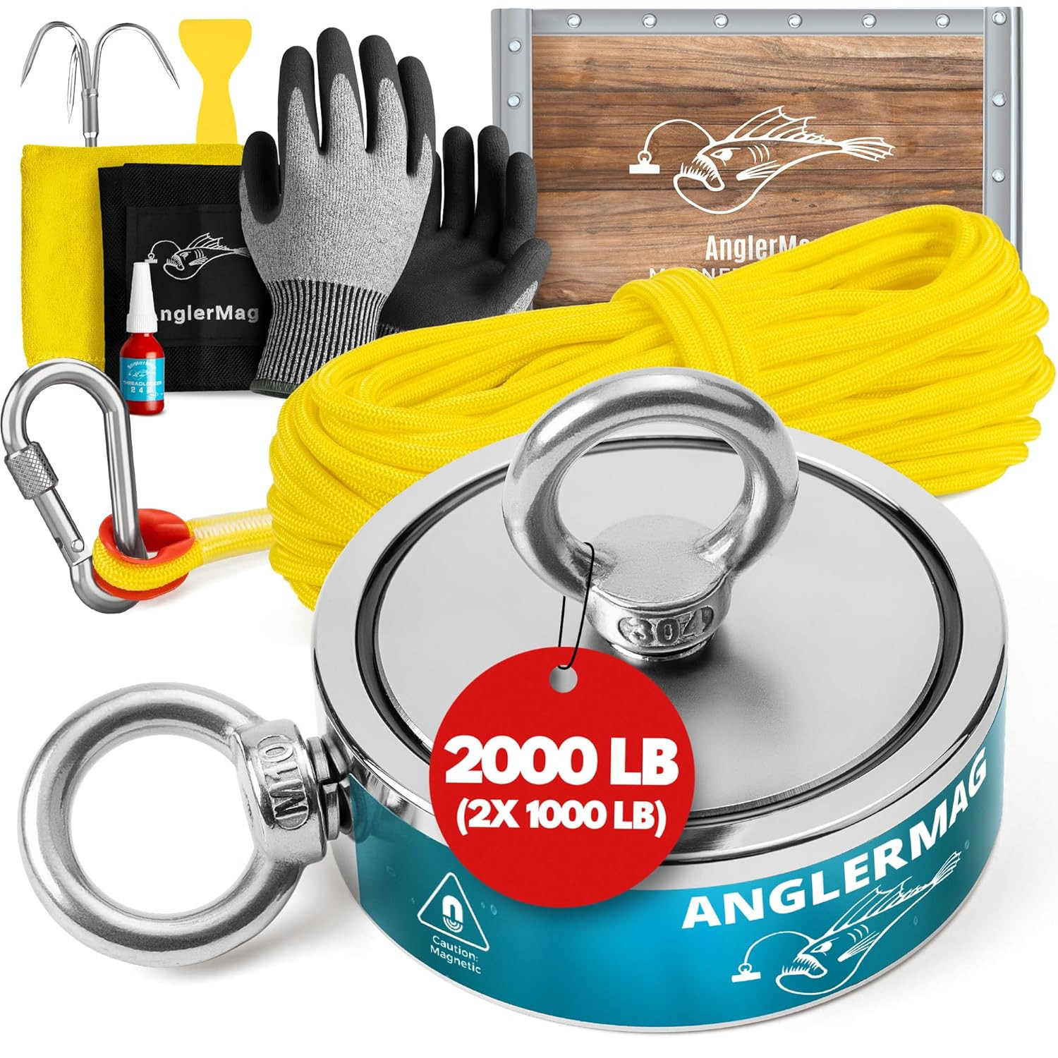 Anglermag Magnet Fishing Kit, 2000 Lbs Magnetic Fishing Kit with Rope, Carabiner