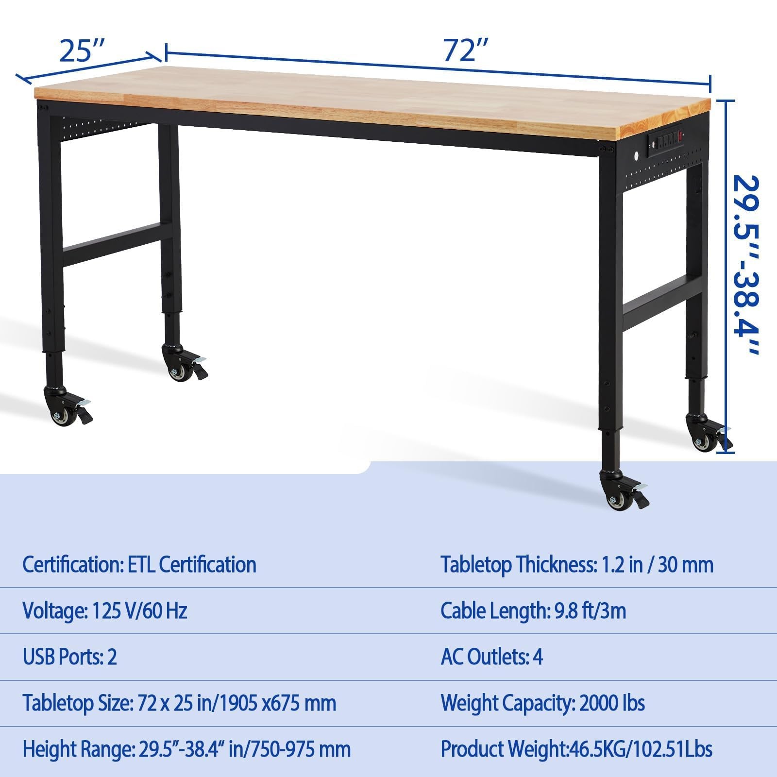 72" Adjustable Workbench 2000 LBS Heavy Duty Garage Work Table with Power Outlet
