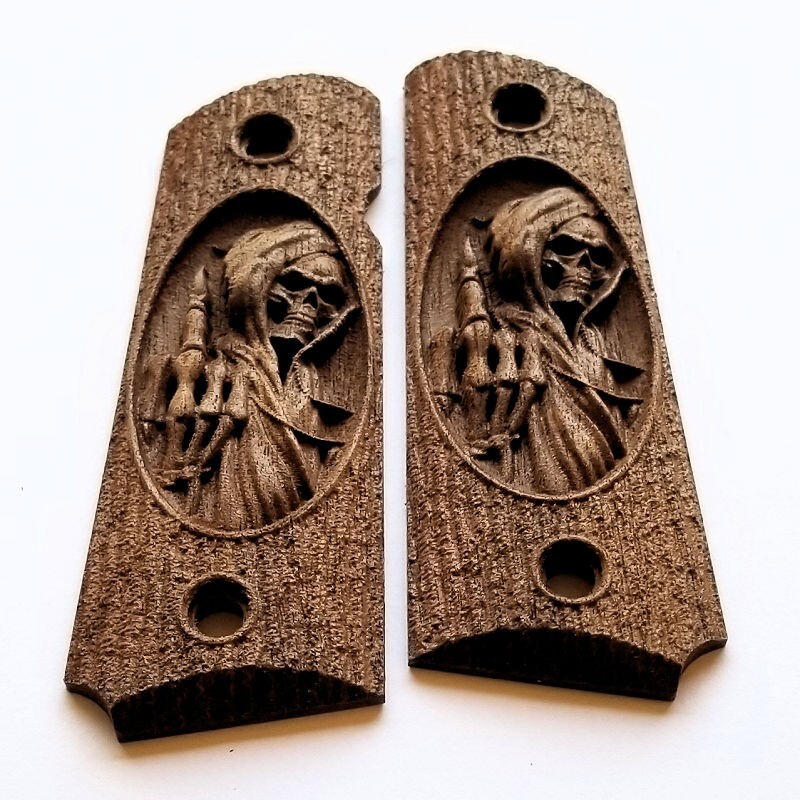 1911 full size custom engraved wood grips Grim Reaper Flip Skull