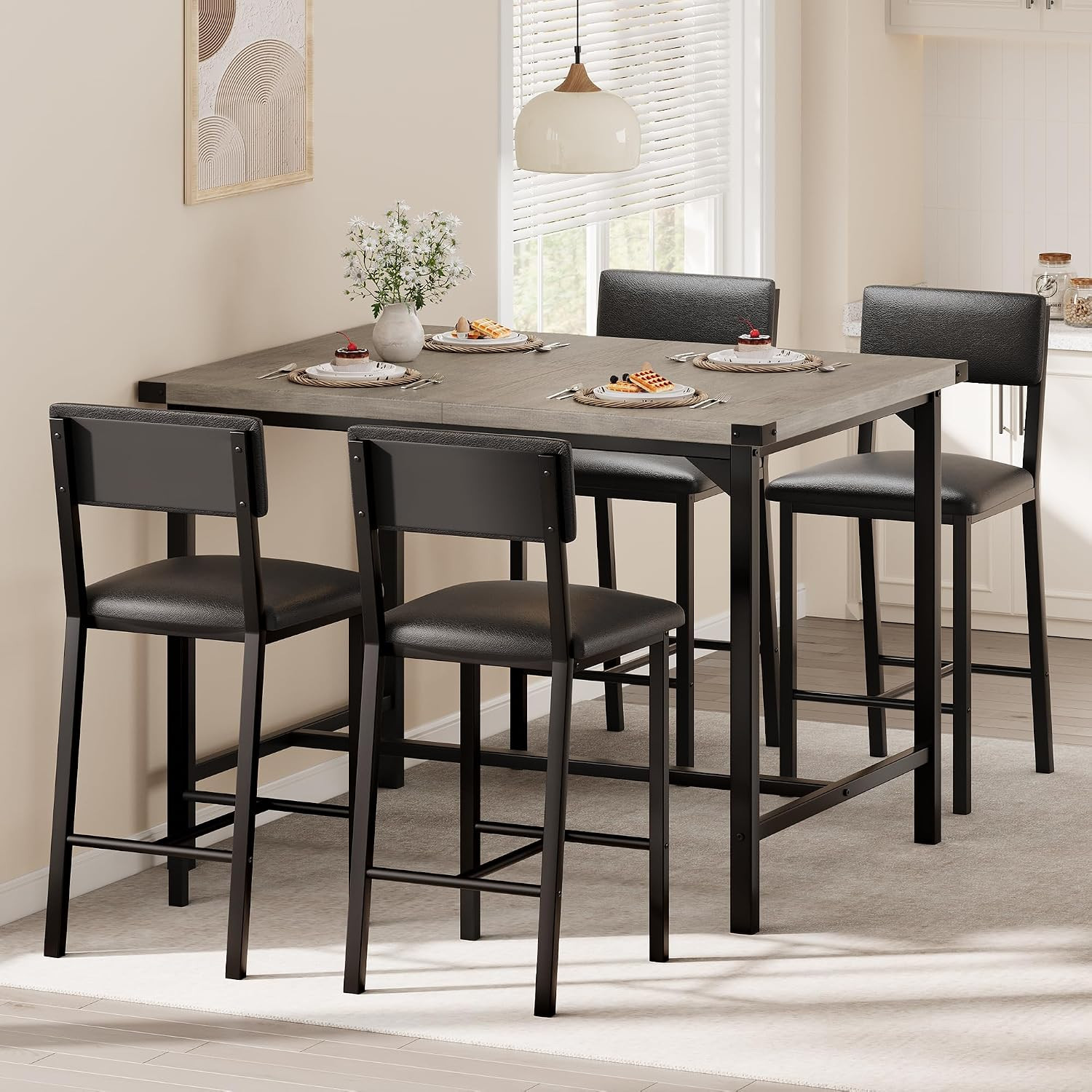 Dining Table Set for 4 with Corner Protector, Kitchen Table Set W/Footrest & Bac
