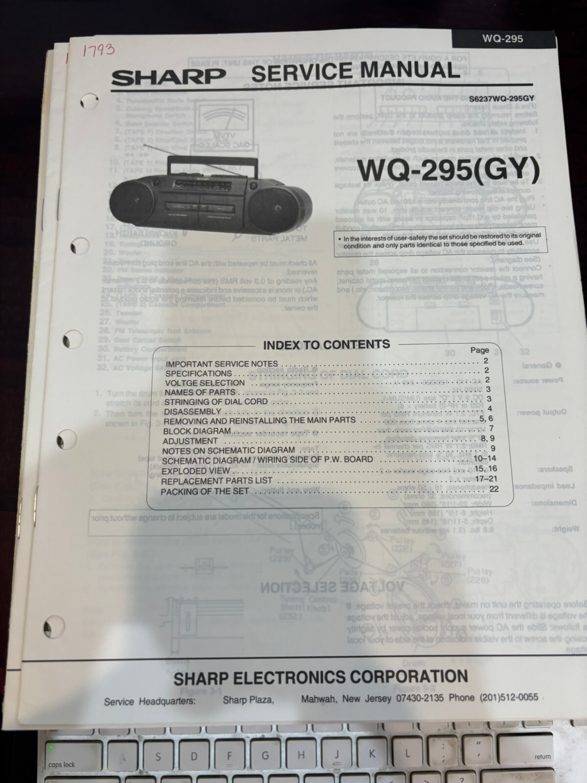 ORIG. SHARP WQ-295 WQ-295(GY) WQ295 WQ-295GY Repair & Service Manual *ORIGINAL*