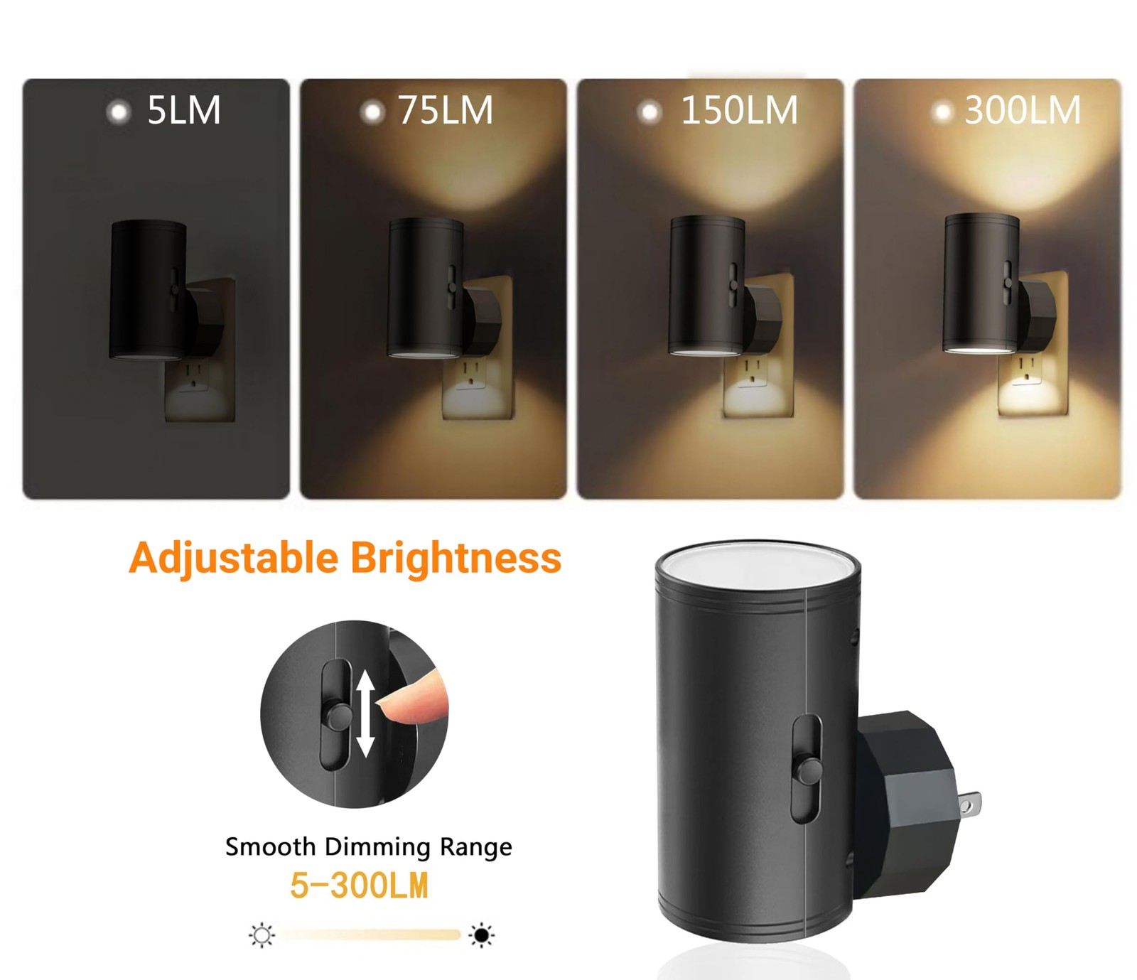 LED Night Lights Plug into Wall Dusk to Dawn Sensor5-300LM Adjustable Brightne