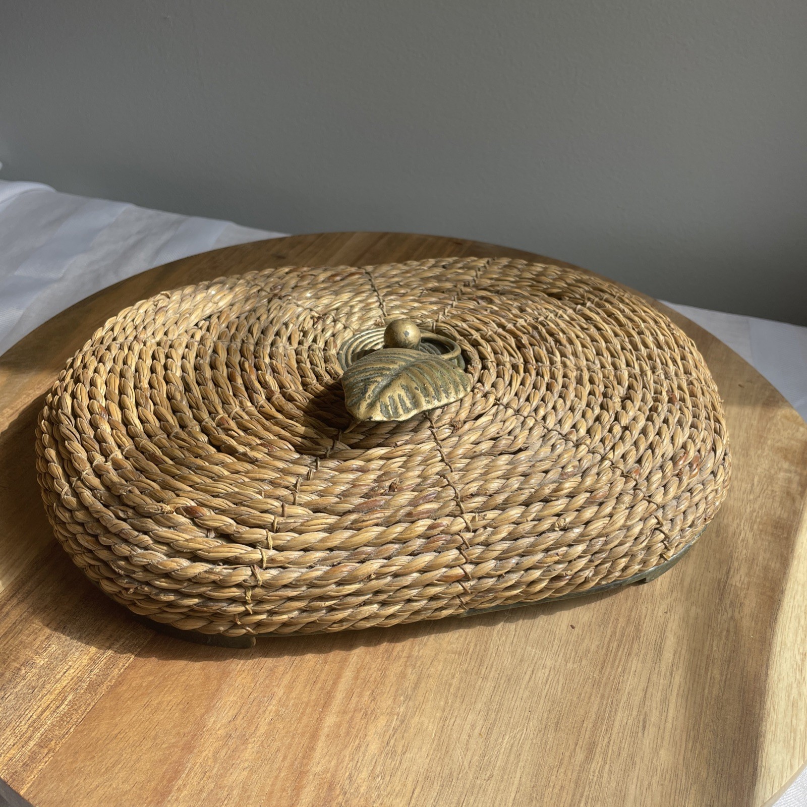 Vintage Handwoven Coiled Rye Straw Rattan Wicker Basket with Iron Leaf and Frame