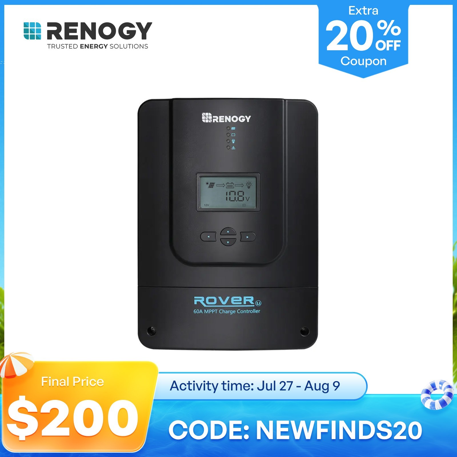 Renogy Rover 60A 12V/24V/36V/48V MPPT Solar Charge Controller LCD Regulator