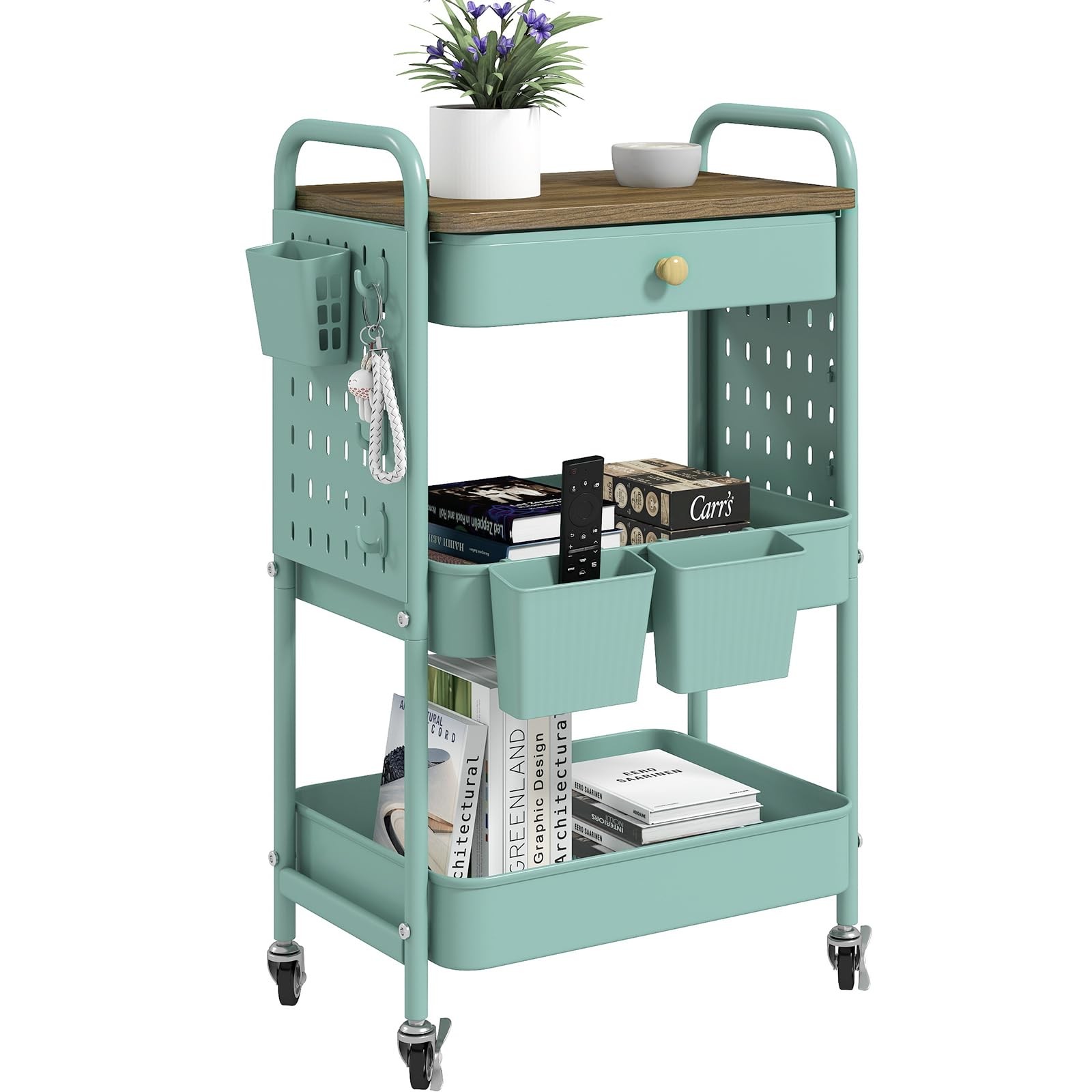 3 Tier Rolling Cart, Metal Utility Cart with Wooden Table Top & DIY Pegboard,...