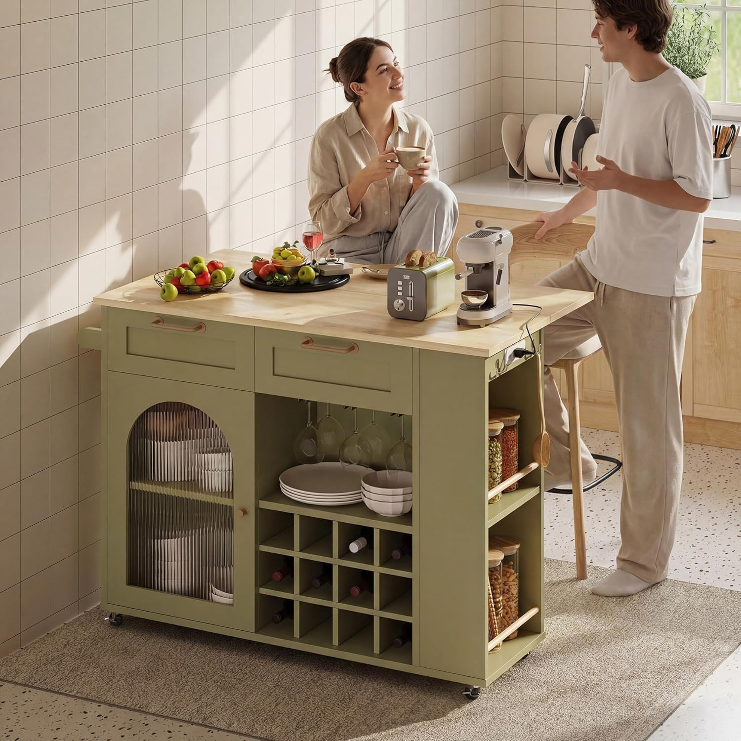 Green Rolling Kitchen Island with Power Outlet, Storage & Wine Racks