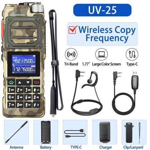 US UV25 WALKIE TALKIE LONG RANGE TRI-POWER TWO WAY RADIO VOX+108CM ANTENNA+CABLE