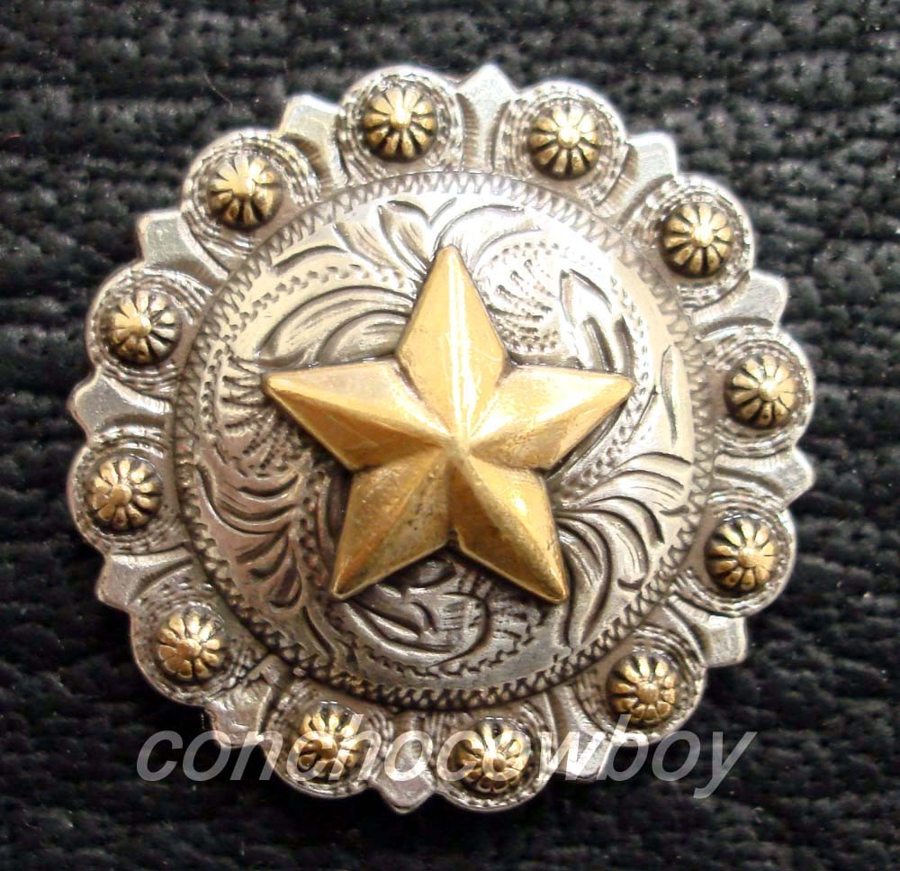 WESTERN SADDLE HORSE TACK ANTIQUE ENGRAVED GOLD STAR BERRY CONCHOS screw back