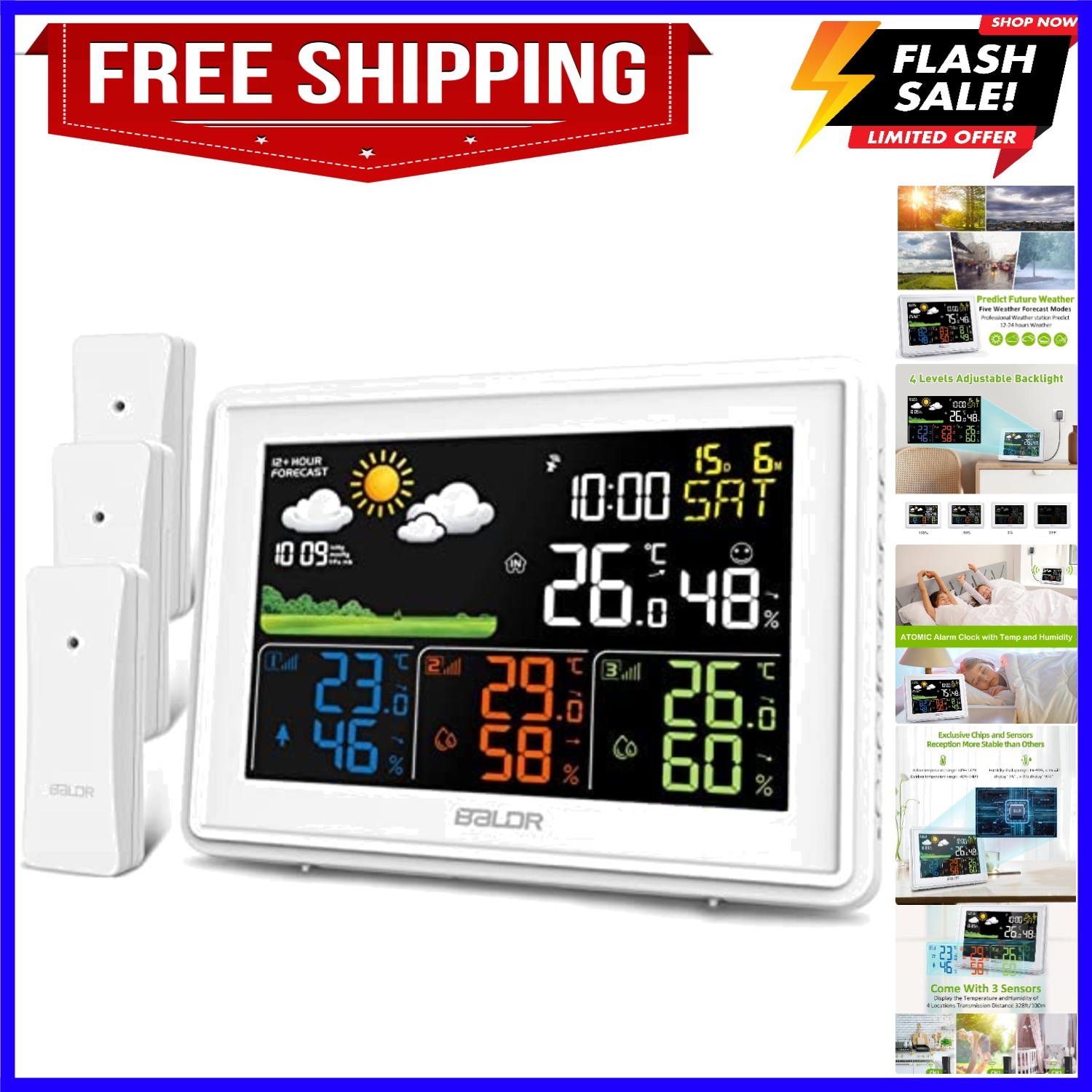 Wireless Weather Station with 3 Sensors, Color Display Digital Atomic Clocks ...