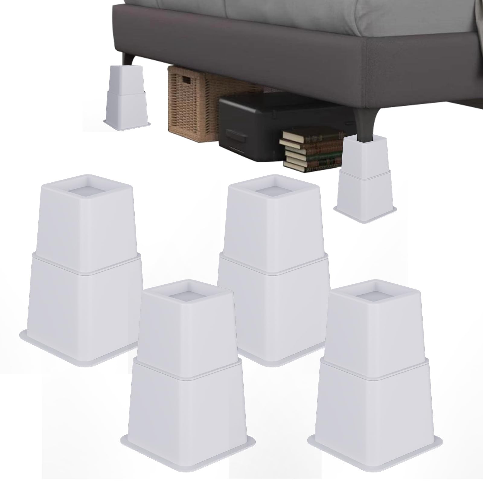4 PCS White Heavy Duty Bed Risers Adjustable Furniture Lifts 3/5/8 Inch