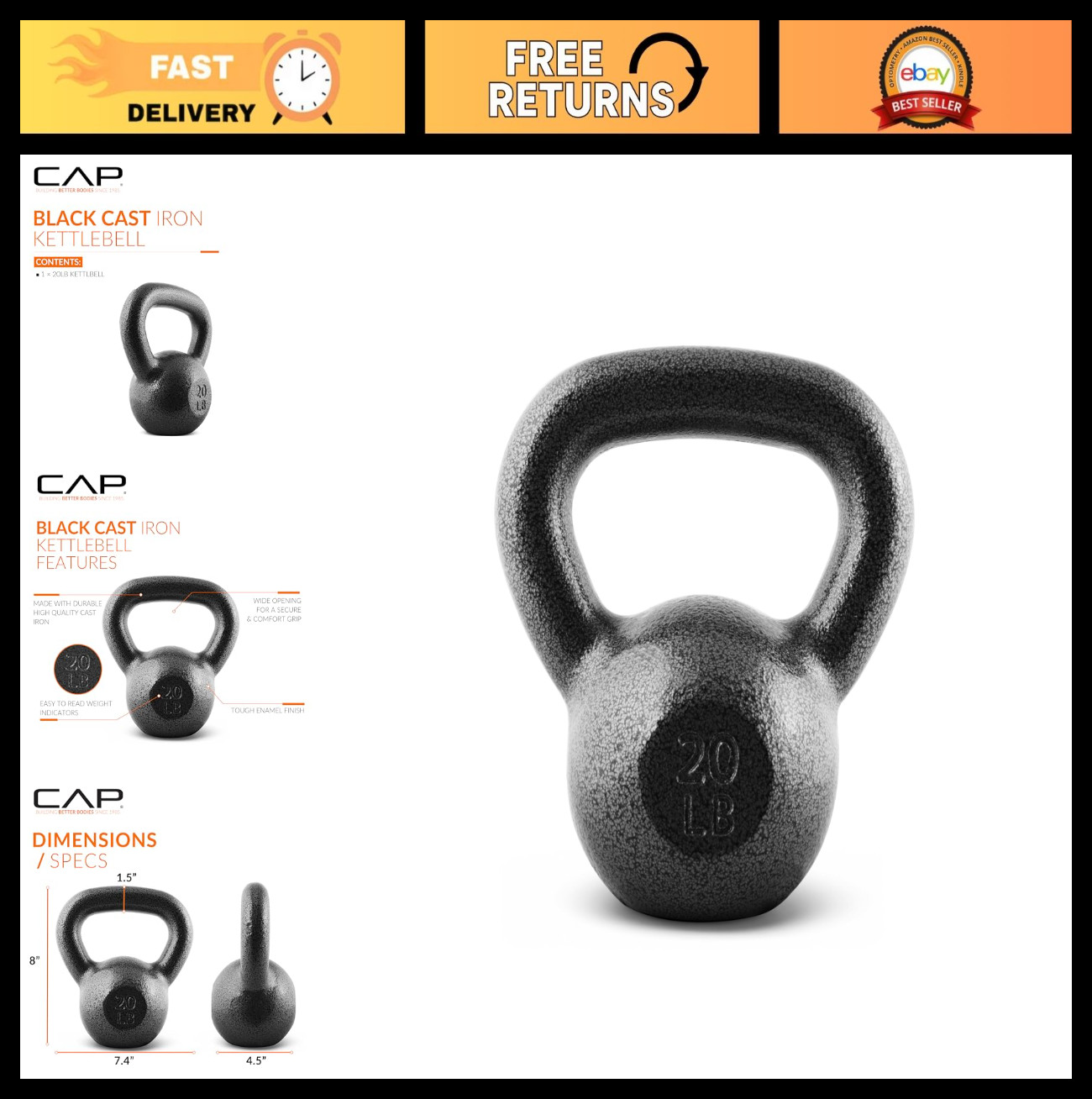 Cast Iron Kettlebell - Coated Finish, Single & Set Options, Multiple Weights Ava
